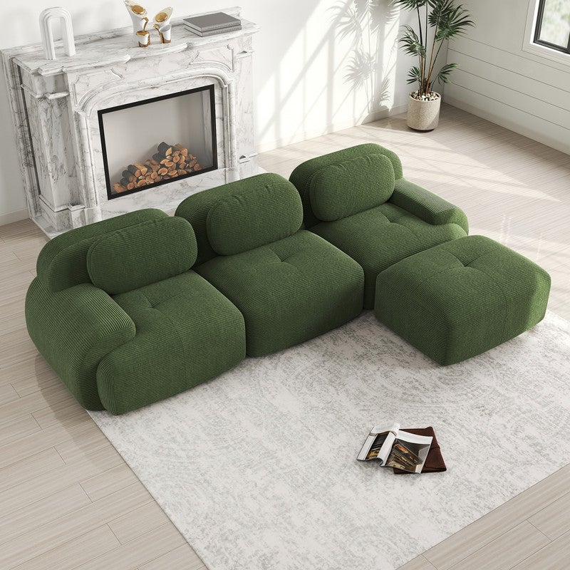 Canapé 3 places d'angle modulable - en Velours côtelé - avec 3 oreillers et pouf - 298x178x70cm - Vert - 8