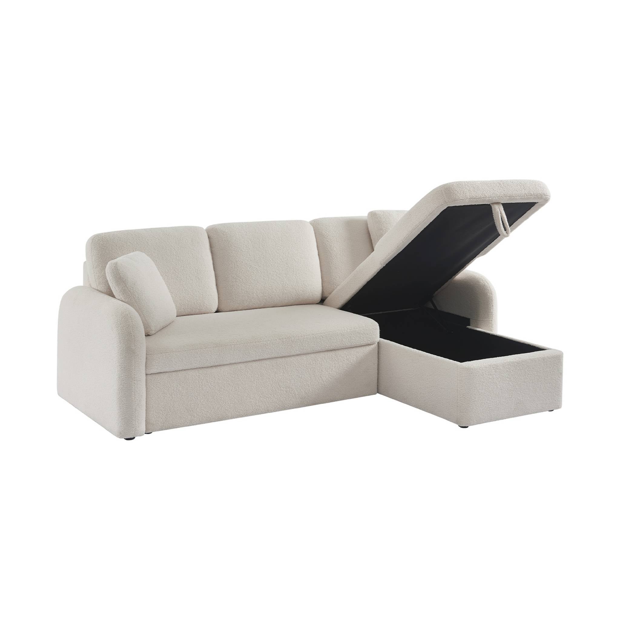 Canapé d'angle convertible en tissu bouclettes crème - Milano - 3 places. fauteuil d'angle réversible coffre rangement lit modulable - 2