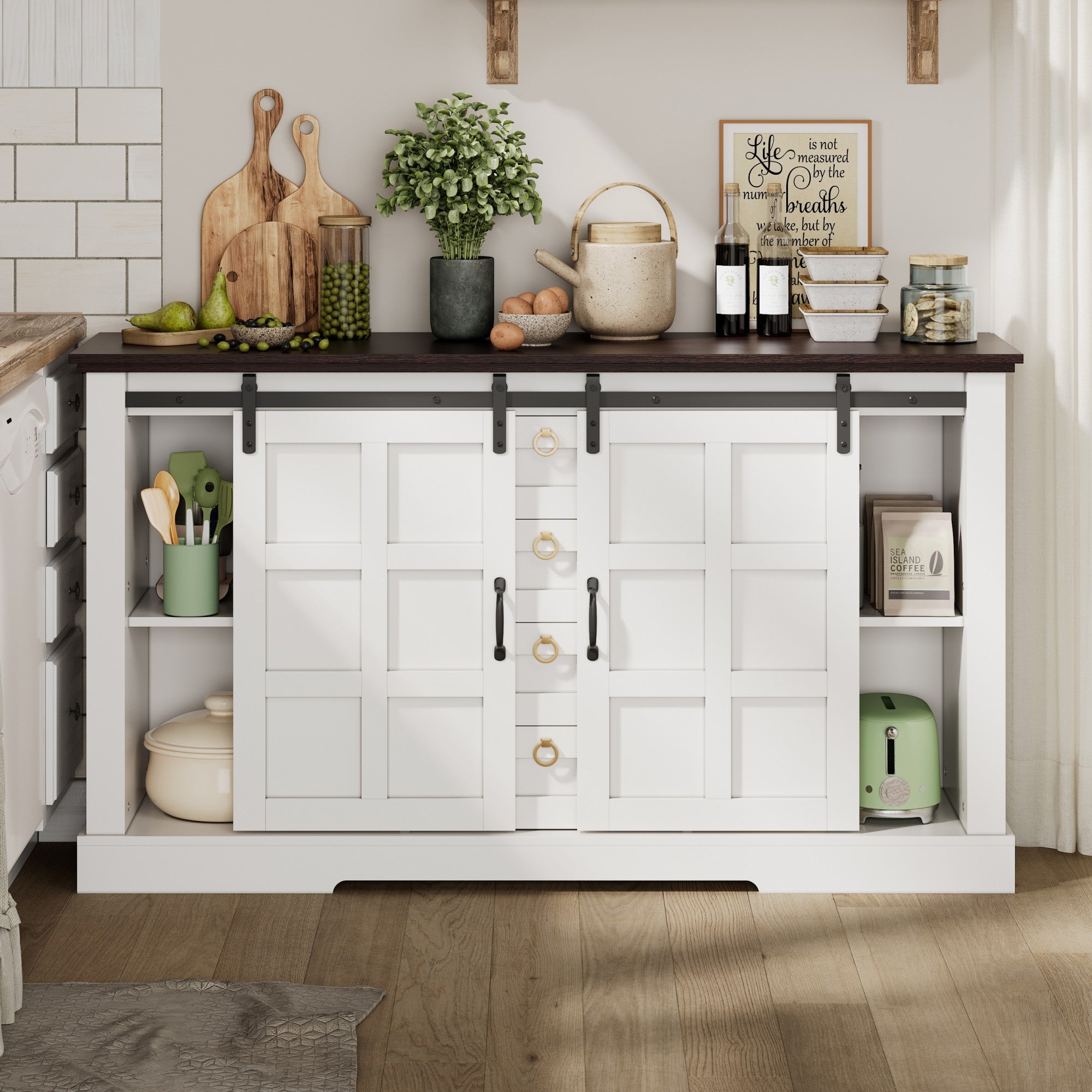 Nowoczesny kredens 150x40x85cm - z 2 drzwiami przesuwnymi i 4 szufladami - Biały + Brązowy
