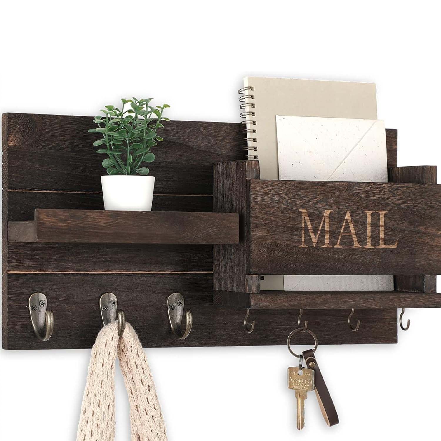 Portachiavi Da Parete In Legno Con Mensola E Ganci - Organizer Per Posta, Chiavi E Piccoli Oggetti - Rustico Per Corridoio E Ingresso (33x17x15 Cm)