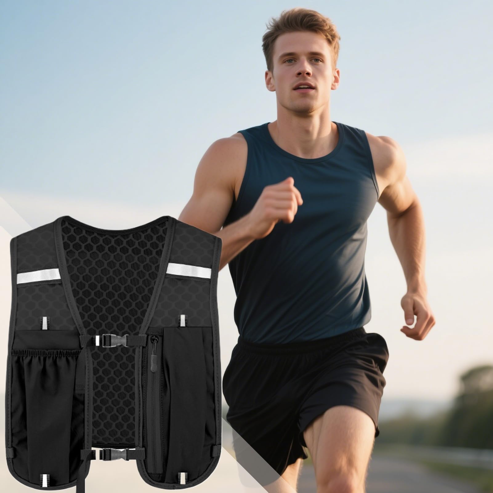 AUTRUCKER Gilet de course universel avec gourde de 550 ml - Gilet de randonnée outdoor, gilet de course réfléchissant, adapté à course à pied (noir) - 5