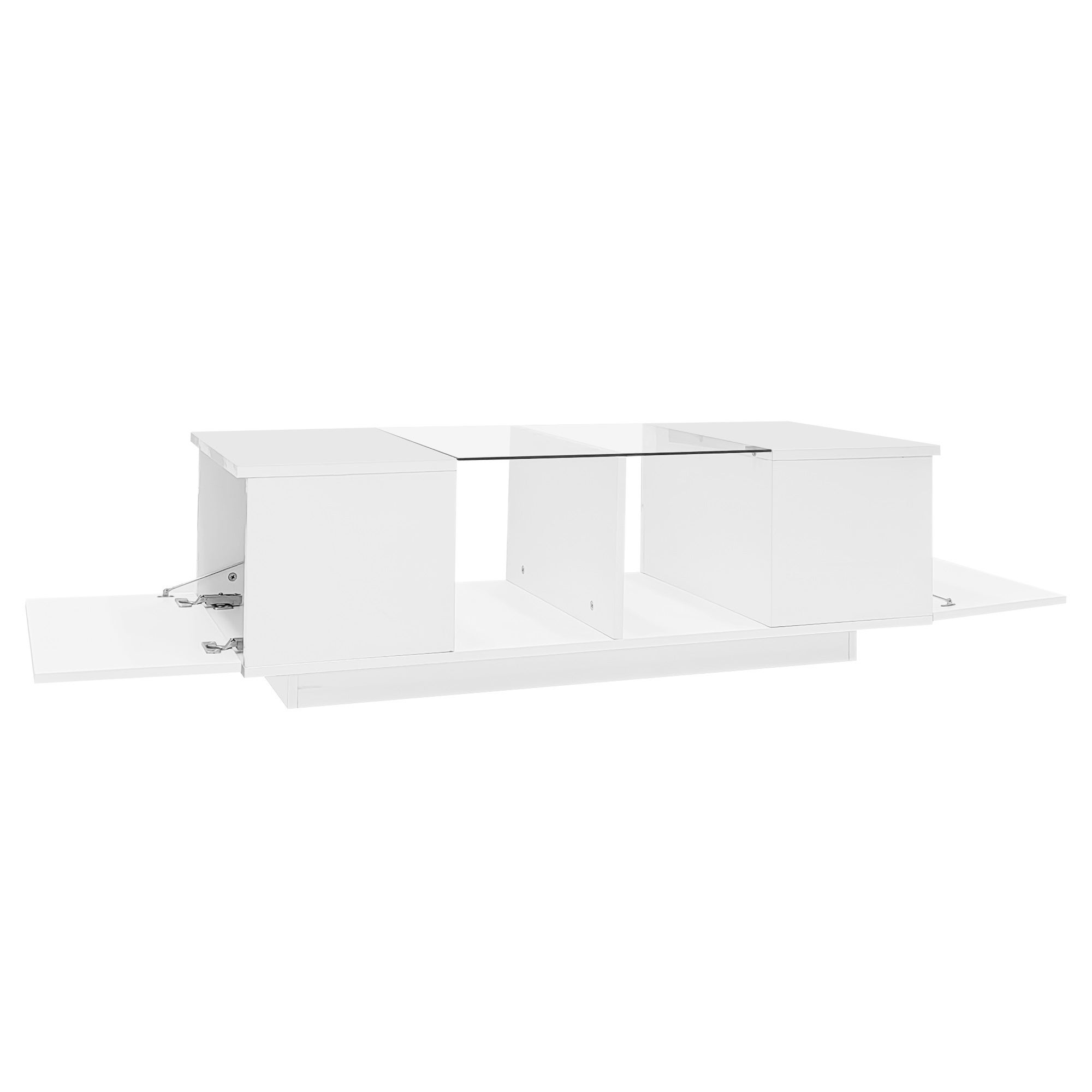 Tavolino da caffè 120×50×38,5 cm con 2 ante e ripiani aperti, in MDF, bianco - 2