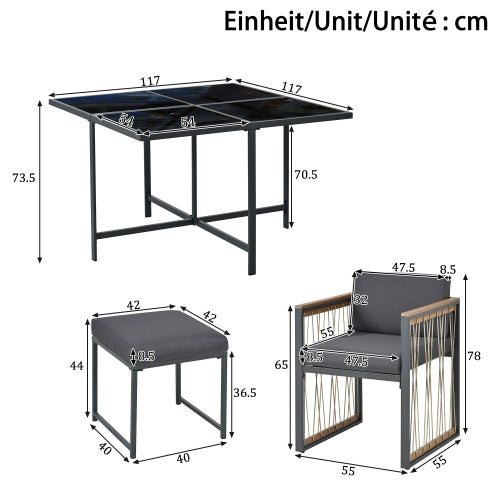 Conjunto de jardín 7 piezas - Mesa de vidrio templado + 4 sillas + 2 reposapiés - Ratán sintético y acero galvanizado - 4