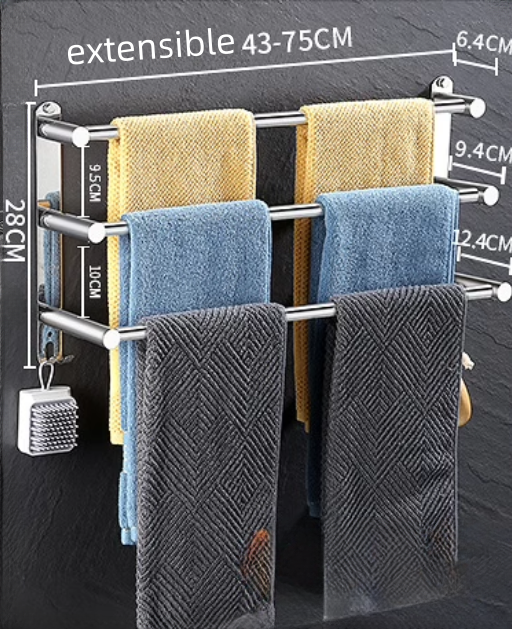 Porte-Serviettes Réglable Extensible Salle De Bain - Barre Murale Acier Noir Mat, 37.5-68cm