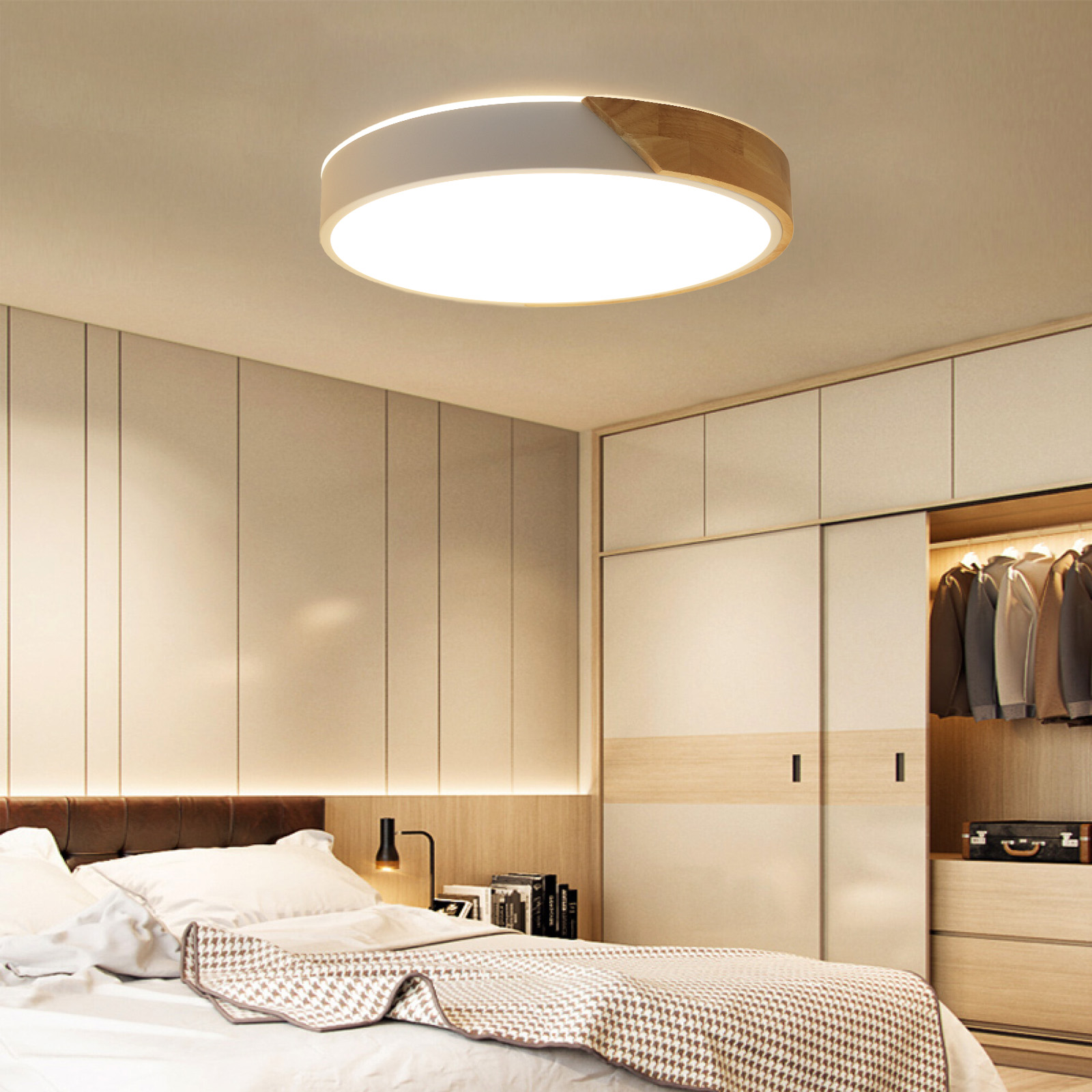 Plafón LED Circular Ø40cm, 30W, 3000LM, Metal Blanco y Madera Natural, Luz Seleccionable (3000K-4000K-6000K) - 8