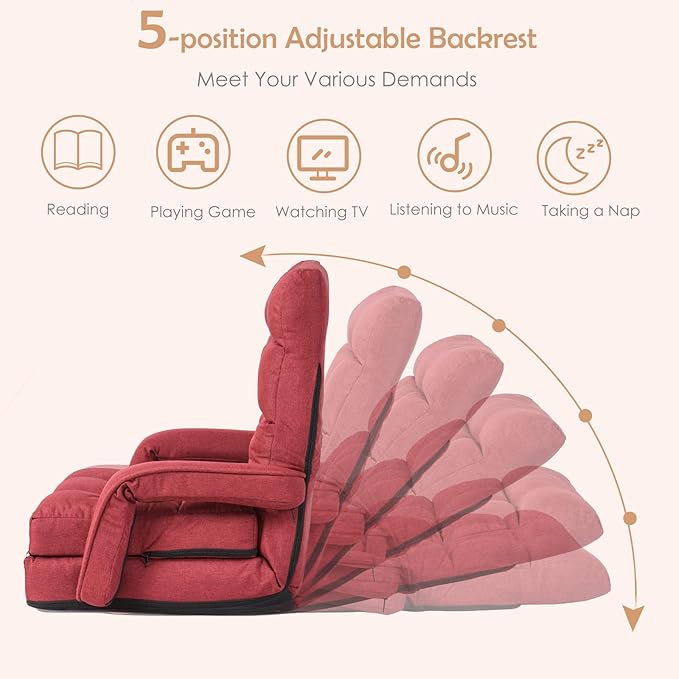 LIFEZEAL Fauteuil de Salon Convertible avec Dossier Réglable sur 5 Positions，Fauteuil Sol avec Accoudoirs, Chauffeuse 1 Place Pliable(Rouge) - 3