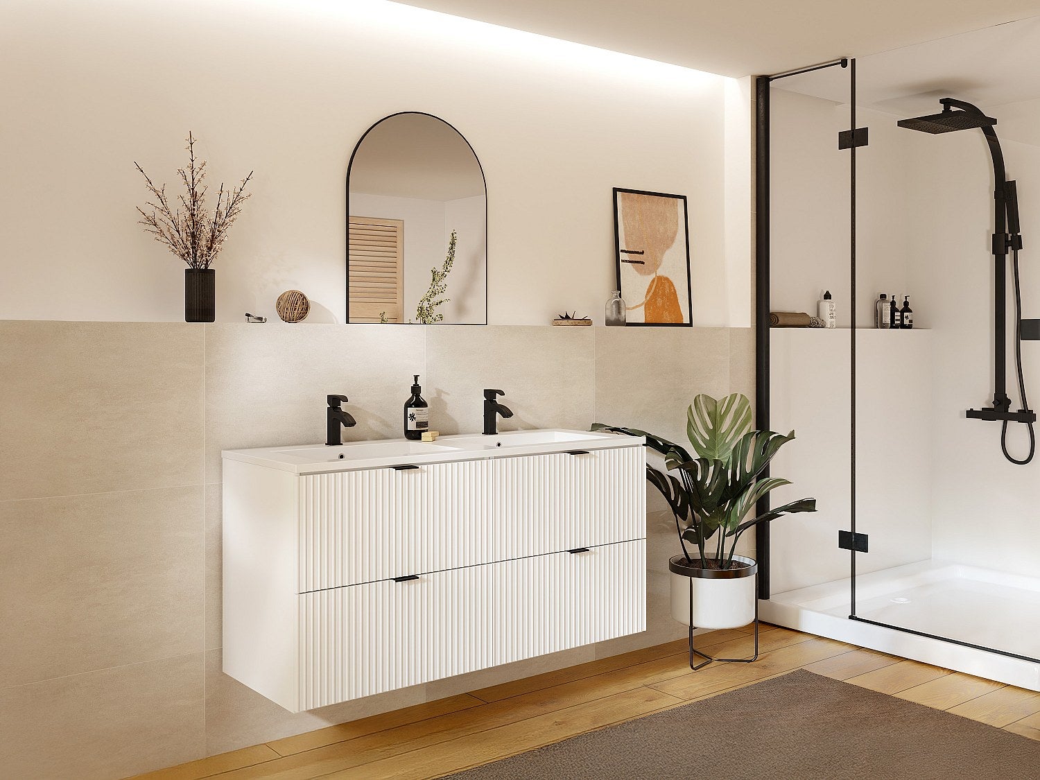 Podwieszana szafka łazienkowa prążkowana - Matowy biały - 120 cm - ZEVINI