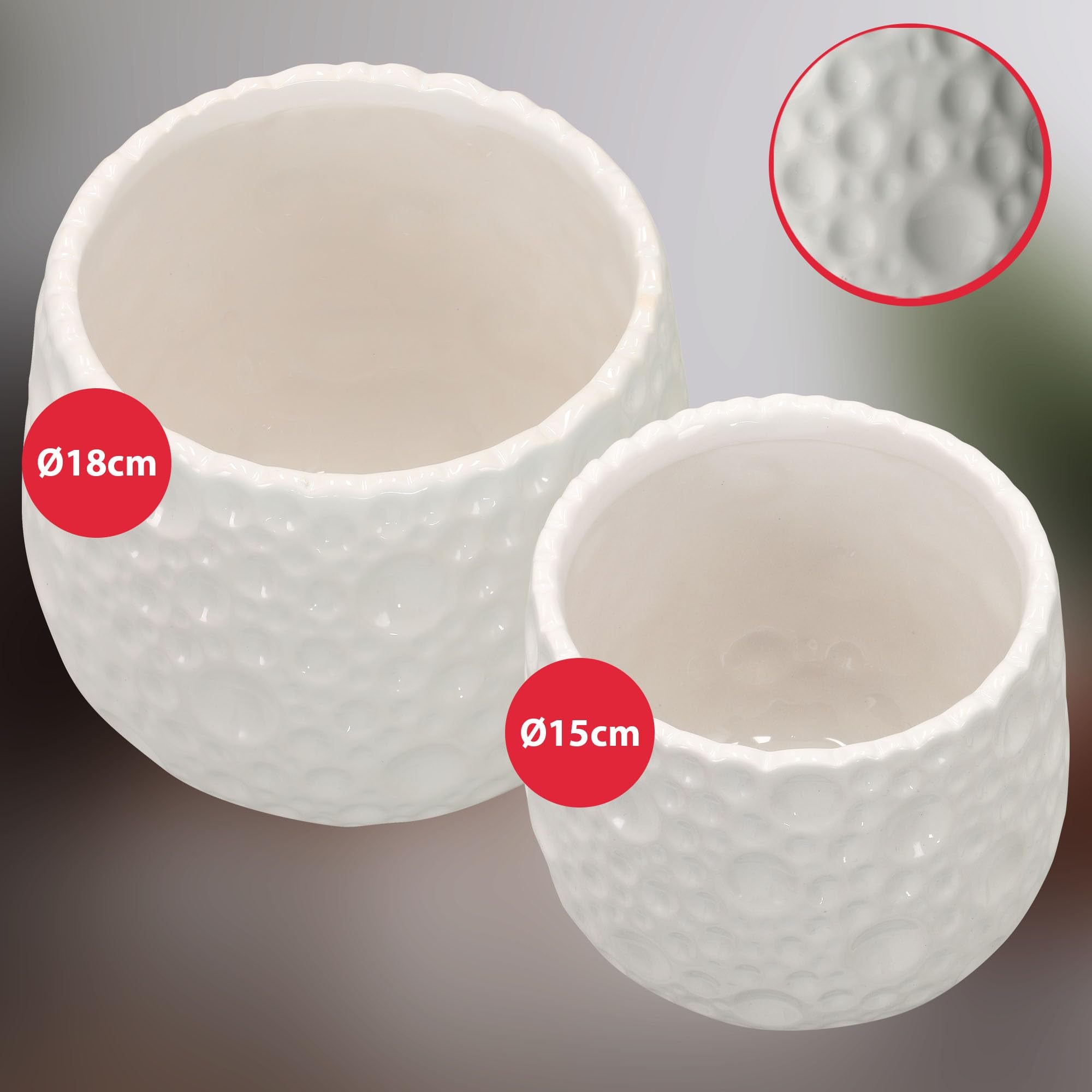 Lot de 2 Pots de Fleurs Ronds en Céramique, Diamètre : 12 cm, Hauteur : 12,5 cm, Blanc, Cache-Pot pour Plantes d'Intérieur - KOTARBAU - 9