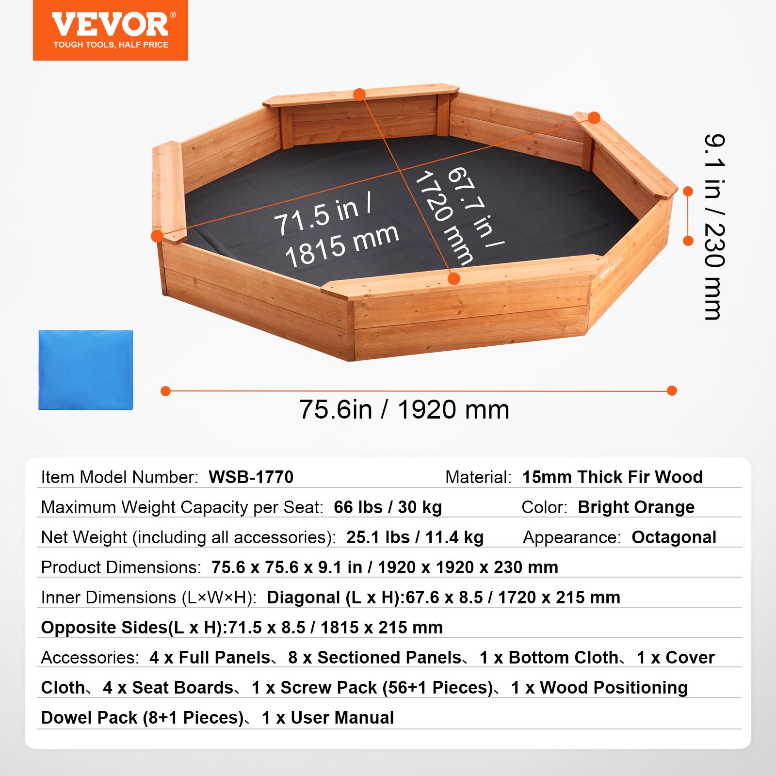Cama de areia dobrável,VEVOR 1920 x 1920 x 230 mm,cama de areia octogonal com 4 lados e fundo duplo,jardim exterior,praia,parque - 7