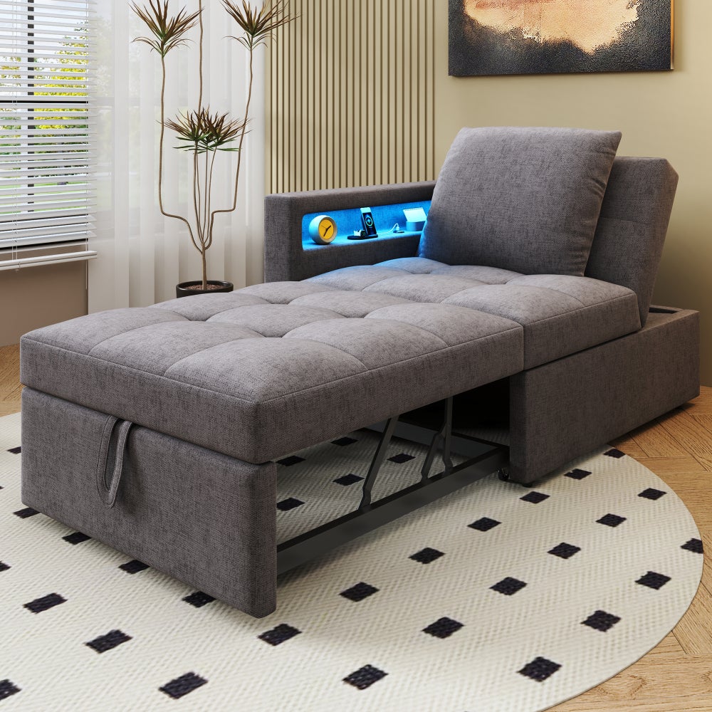 Sofa 3 w 1 z funkcją spania, pościel, regulowane oparcie, LED, USB-C, do małych przestrzeni