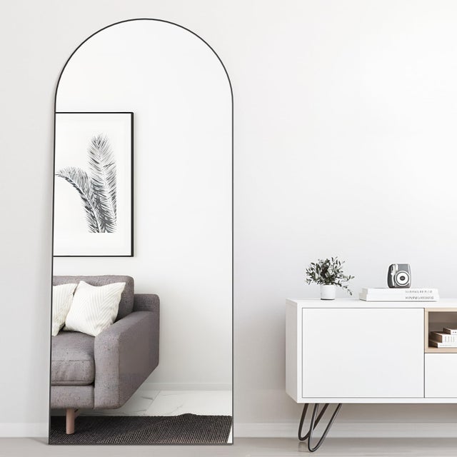 165 x 60 cm espelho grande em arco, de corpo inteiro, de pé ou de parede para quarto, com moldura de alumínio, para quarto de vestir, cor preta