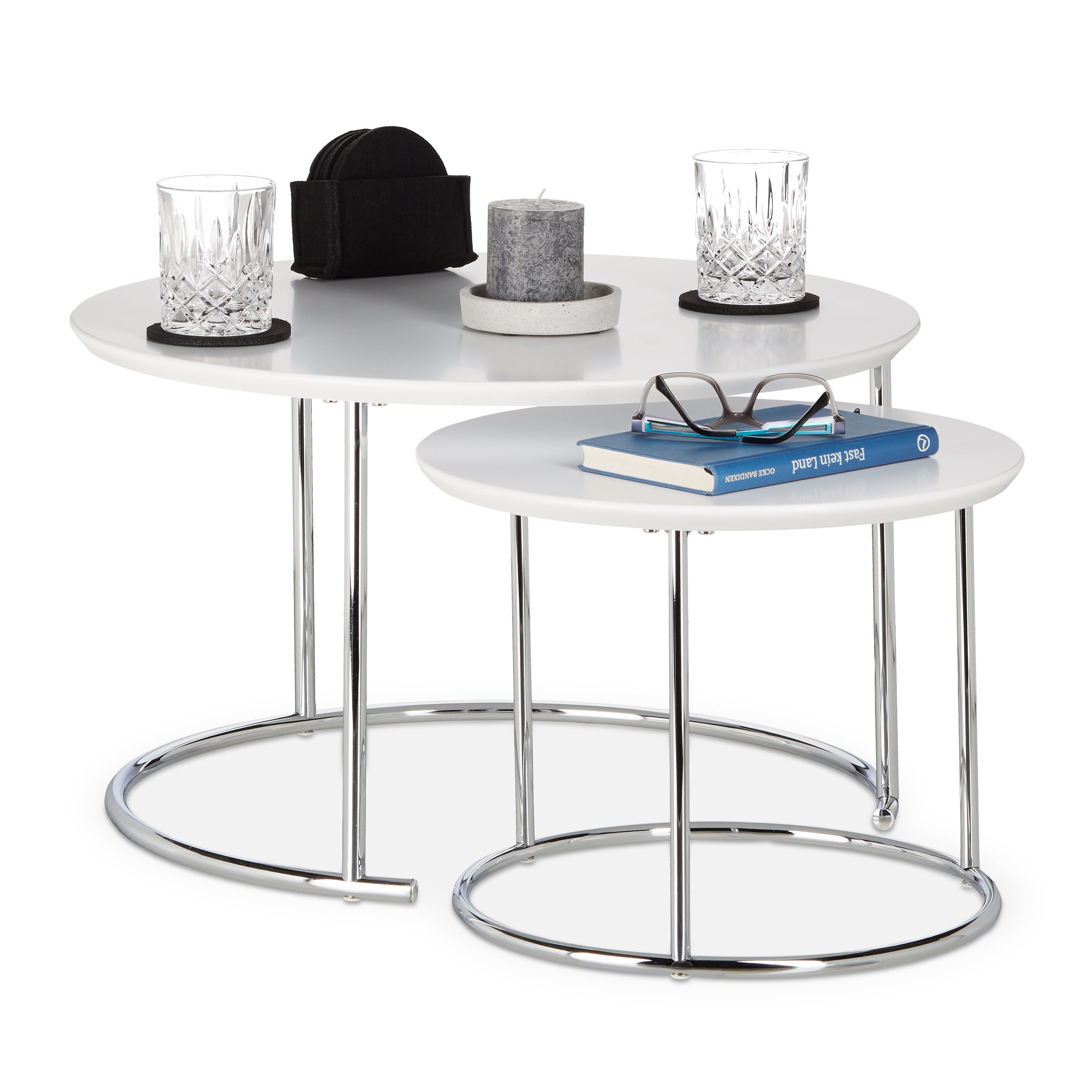 Set 2 Tavolini Da Soggiorno Relaxdays - Rotondi, 48cm E 40cm, Struttura Metallo Nero, Piano Bianco