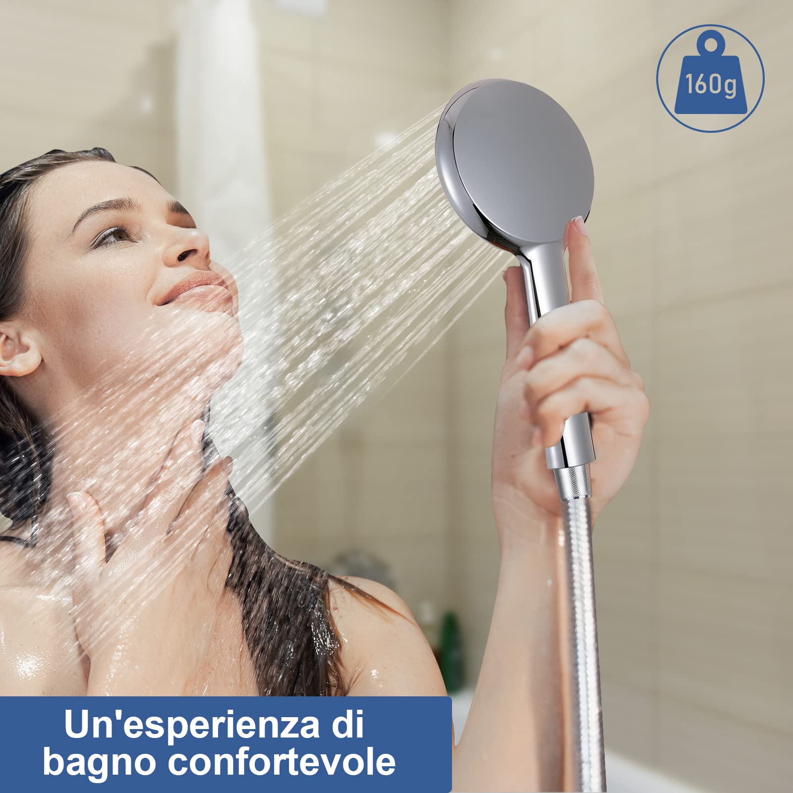 VMASSTONE - Soffione doccia ad alta pressione, 7 getti, con tubo in acciaio inox da 149,9