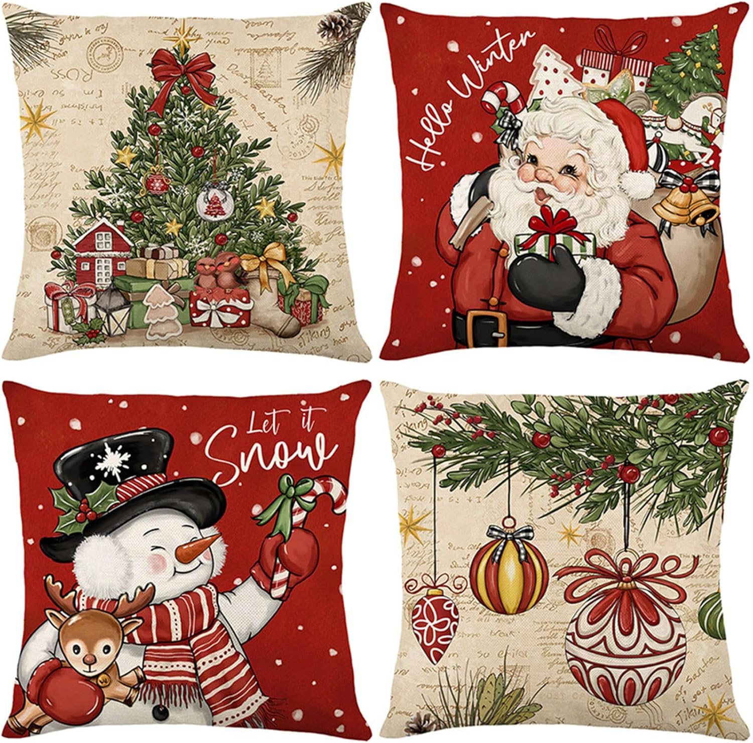 Set Di 4 Federe Natalizie Rosa 45x45 Cm - Decorazioni Invernali Con Pupazzo Di Neve, Babbo Natale E Ghirlande - Tessuto Felpato Morbido, Stampa Su Entrambi I Lati, Cerniera Invisibile