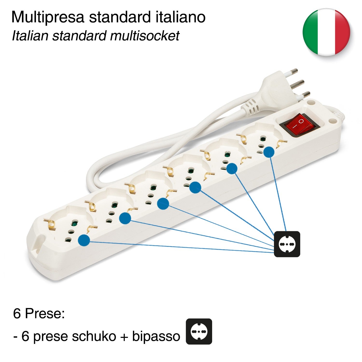 Multiprise italienne 6 entrées, câble de 1,5 m et prise compacte - 6
