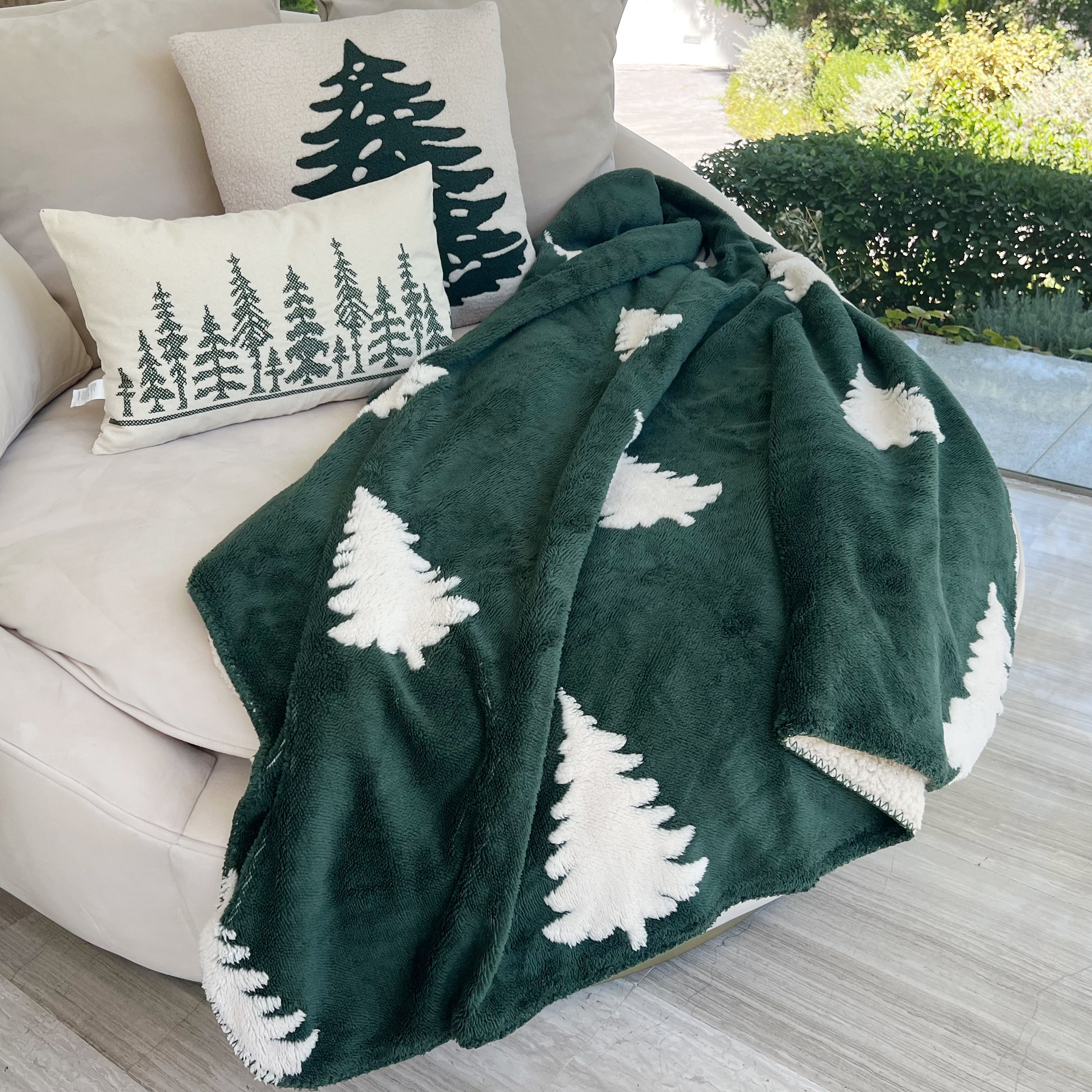 Coperta Per Albero Di Natale Rotonda In Cotone - Diametro 120 Cm, Reversibile Salvia/Beige, Orlo Dorato
