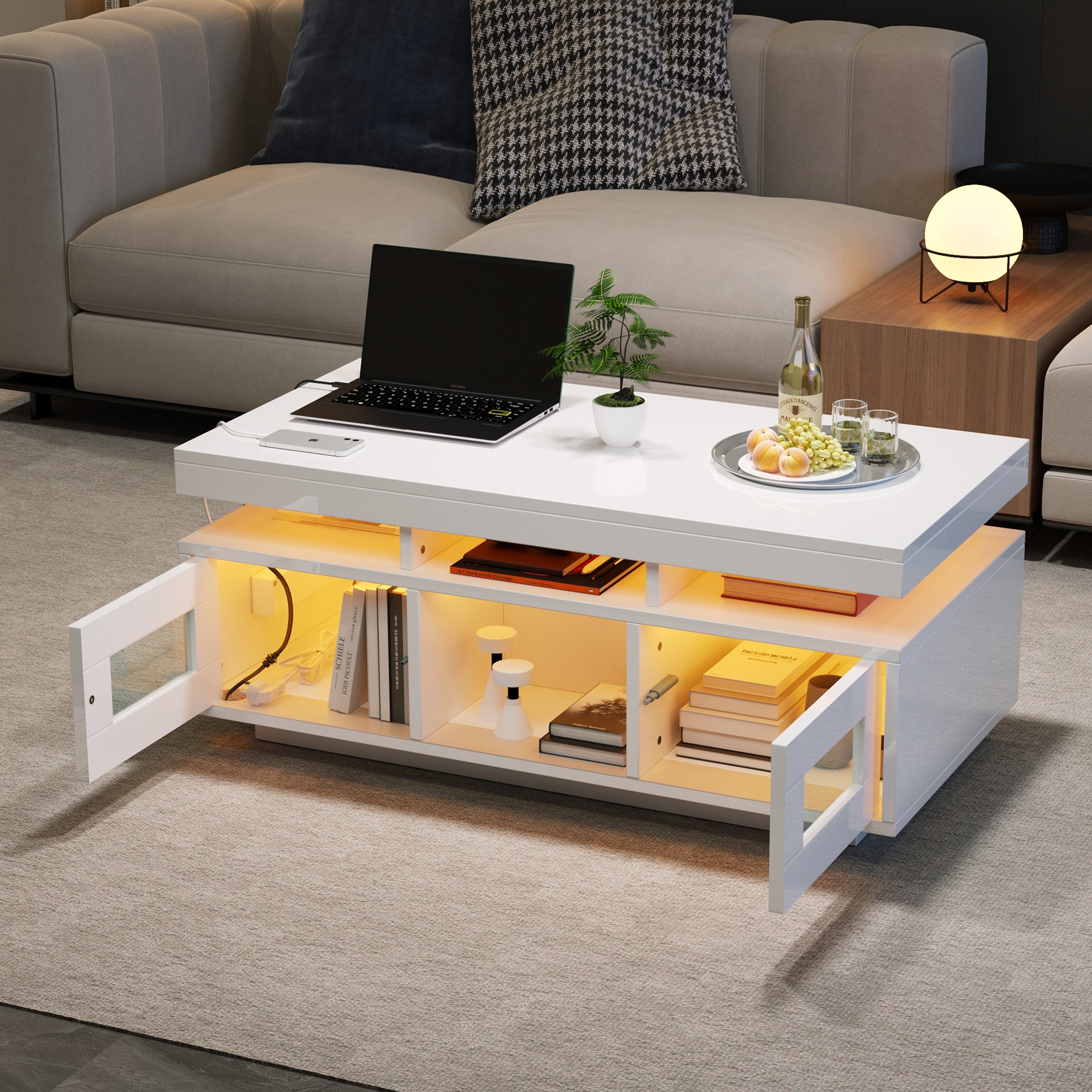 Stolik kawowy z 2 drzwiami i przegródkami - 100 x 50 x 43 cm - Diody LED i gniazdo ładowania - Płyta wiórowa - Biały