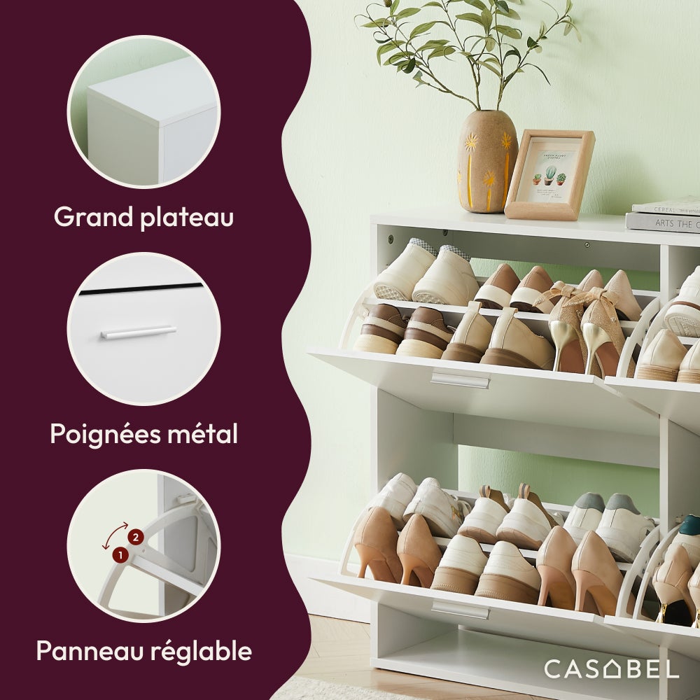 CASABEL Meuble à Chaussures 4 Abattants - Armoire à Chaussures Design - Meuble de Rangement Entrée 24 Paires - Blanc - 5