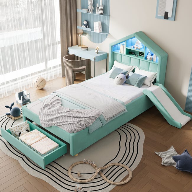 Lit cabane enfant 90x200cm avec rangements intégrés, lit surélevé avec toboggan réversible, lit capitonné pour chambre d'enfant ou d'adolescent | Leroy Merlin