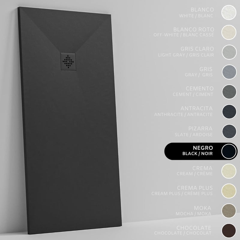 SOULHOME Brodzik prysznicowy– Żywica– Gel Coat– Gładka/Kamienna tekstura – Antypoślizgowy – Kolor czarny – 130x90- Niski 3 cm– SAME