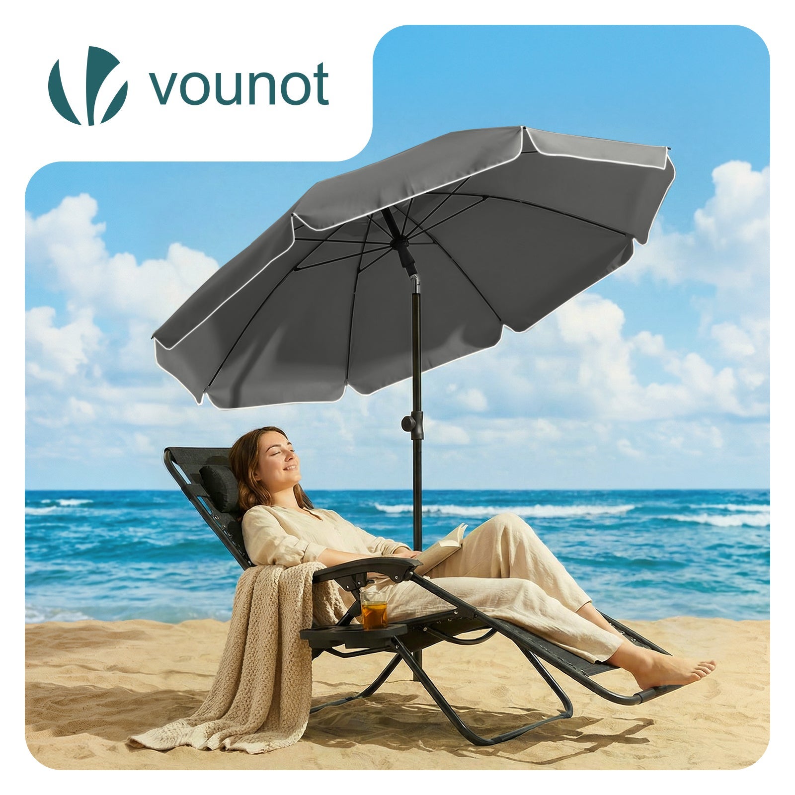 Parasol de jardin inclinable 2M avec ancrage au sol - Parasol de plage UV 50+ Gris - VOUNOT® - 2