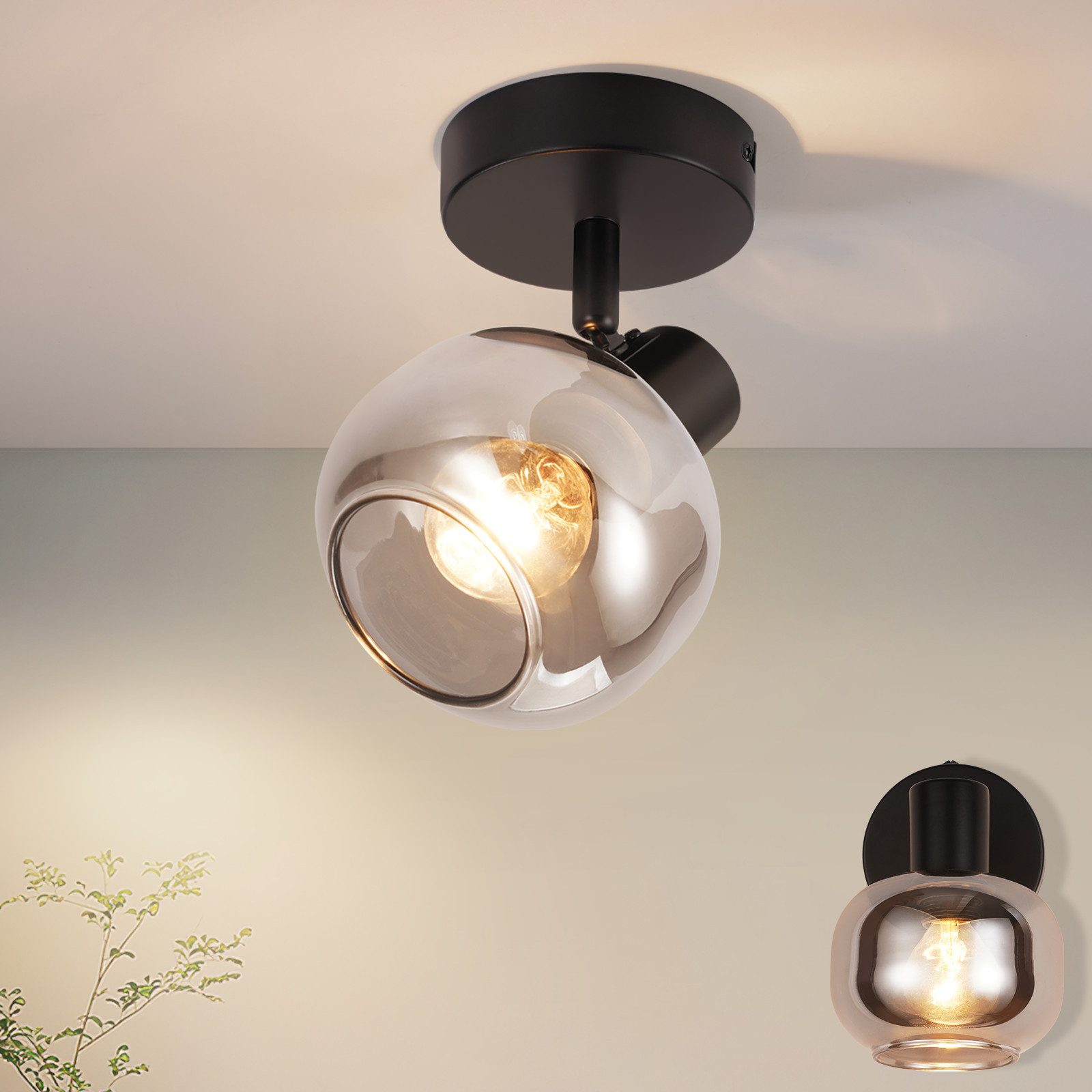 ZMH Lampa sufitowa do salonu, szkło w kolorze przydymionym, obrót o 350°, lampa sufitowa w stylu vintage, kuchnia