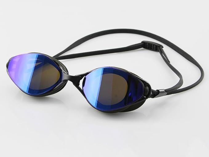 Okulary pływackie unisex – Okulary do zawodów – Okulary treningowe – Hydrodynamiczny design – Czarne (niebieskie szkła lustrzane) – Anti-fog