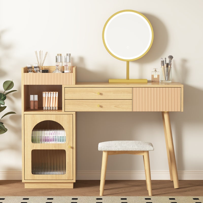 Profesjonalny stolik do makijażu LED – lustro 3-kolorowe, 3 szuflady, blat 120 cm, nowoczesny design z drewna