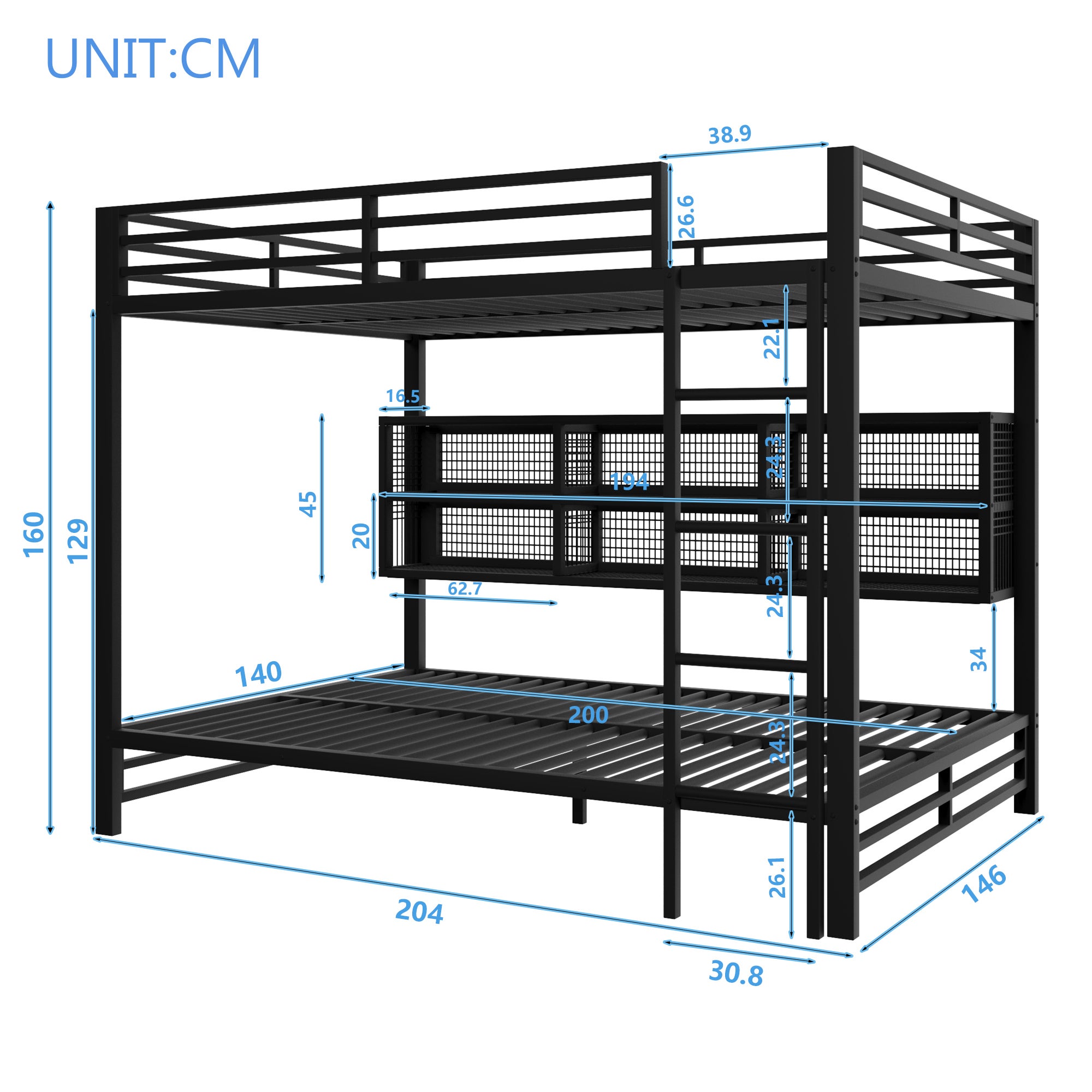 Lit Mezzanine 2 Place avec LED, Lit Superposé Enfant 140x200 avec 6 rangements latéraux offrent Un Espace de Rangement,Noir(Sans Matelas) - 6