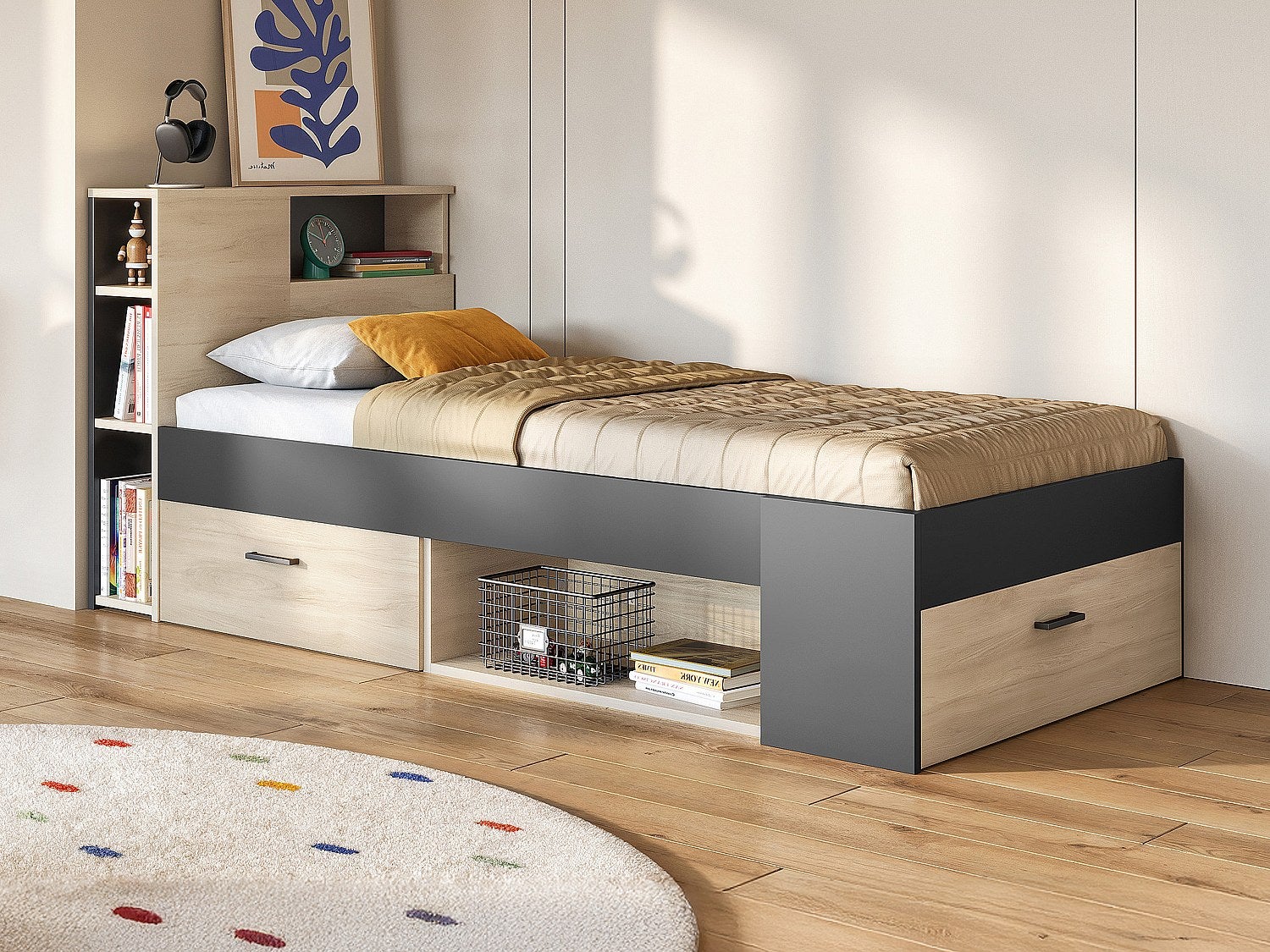 Letto LEANDRE Con Contenitore 90x190 Cm Bianco - Testiera Con Ripiani, Cassetto E Baule - Vente-unique