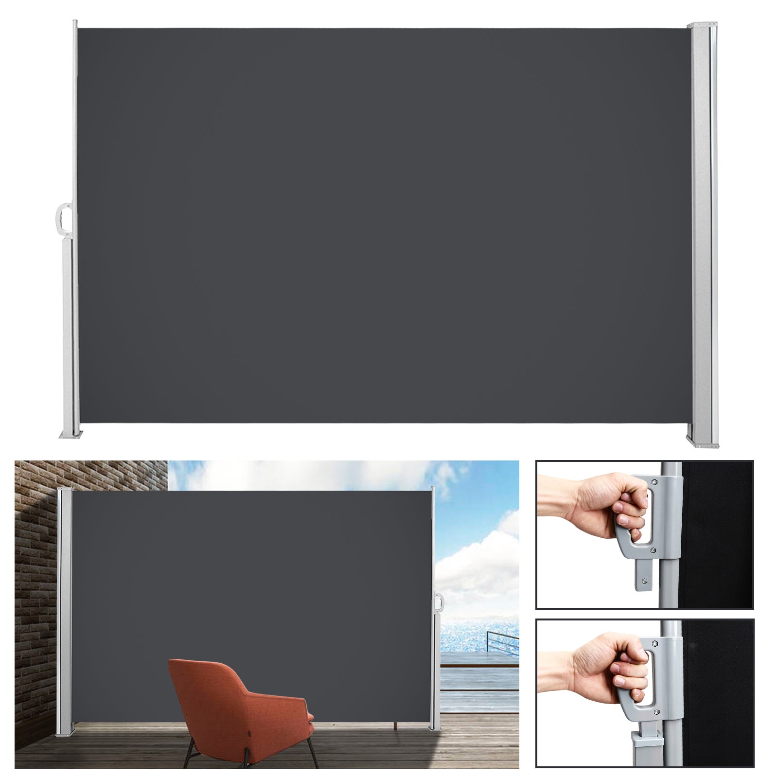 Toldo lateral viento ligero paisaje retráctil toldo lateral jardín terraza gris 140x300cm
