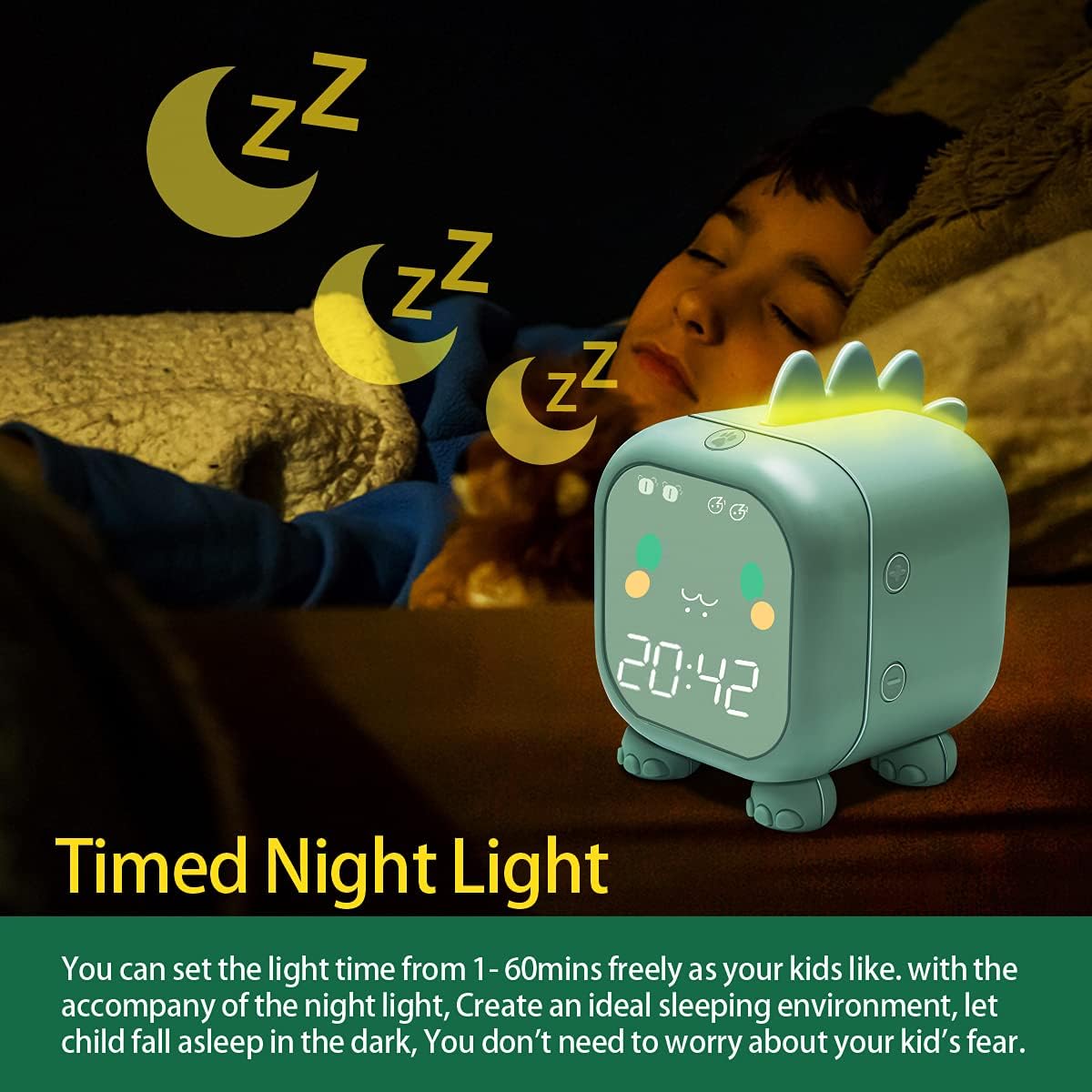 Réveil pour enfants avec dinosaure, réveil numérique pour chambre d'enfant, joli réveil de chevet, aide-sommeil pour enfants, réveil et veilleuse av - 2