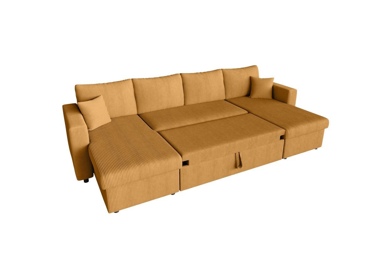 Loungitude - Canapé d'angle panoramique MARIA convertible avec 2 coffres en velours côtelé - Jaune - 5