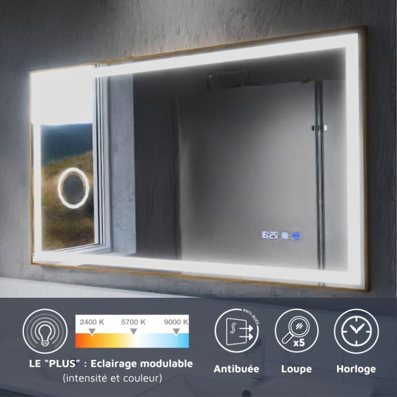 Miroir LED cadre doré CARA 120 cm x 70 cm - antibuée, horloge et loupe - 2