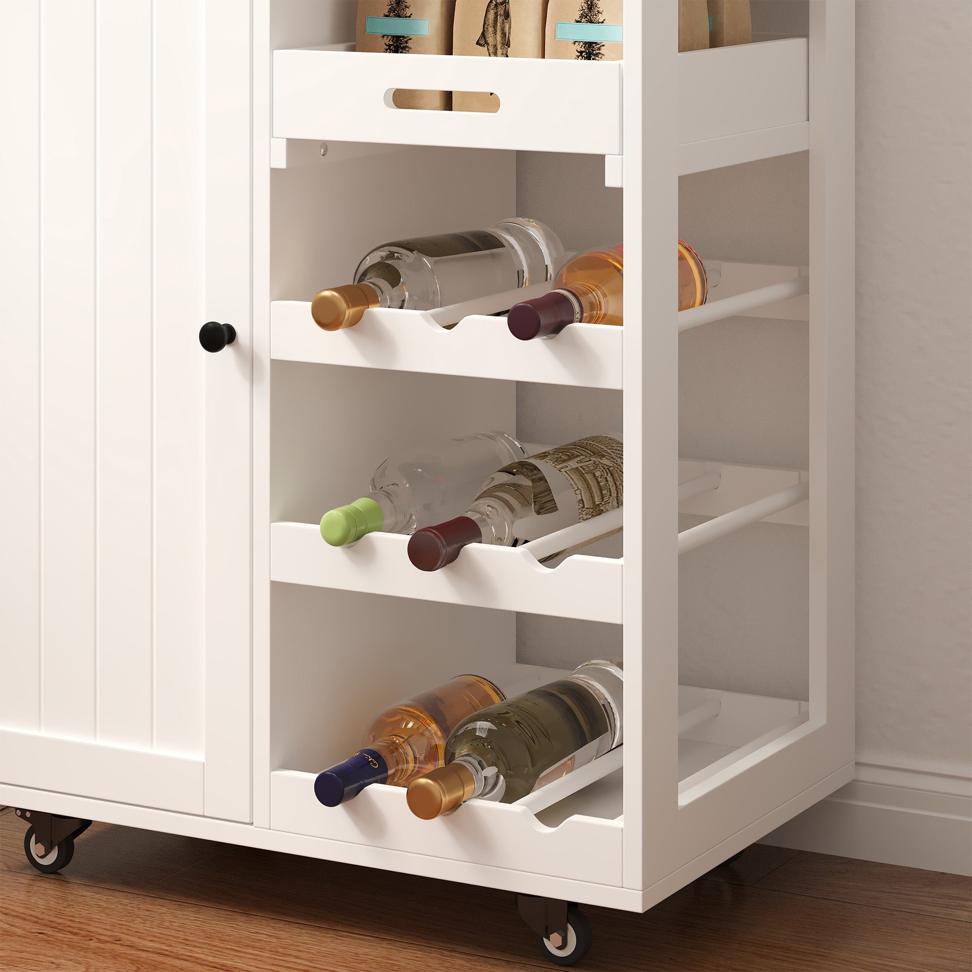 Desserte de cuisine mobile sur roulettes blanc - Chariot avec range-bouteilles, tiroir et plan de travail en bois MDF - 64x40x91cm - 6