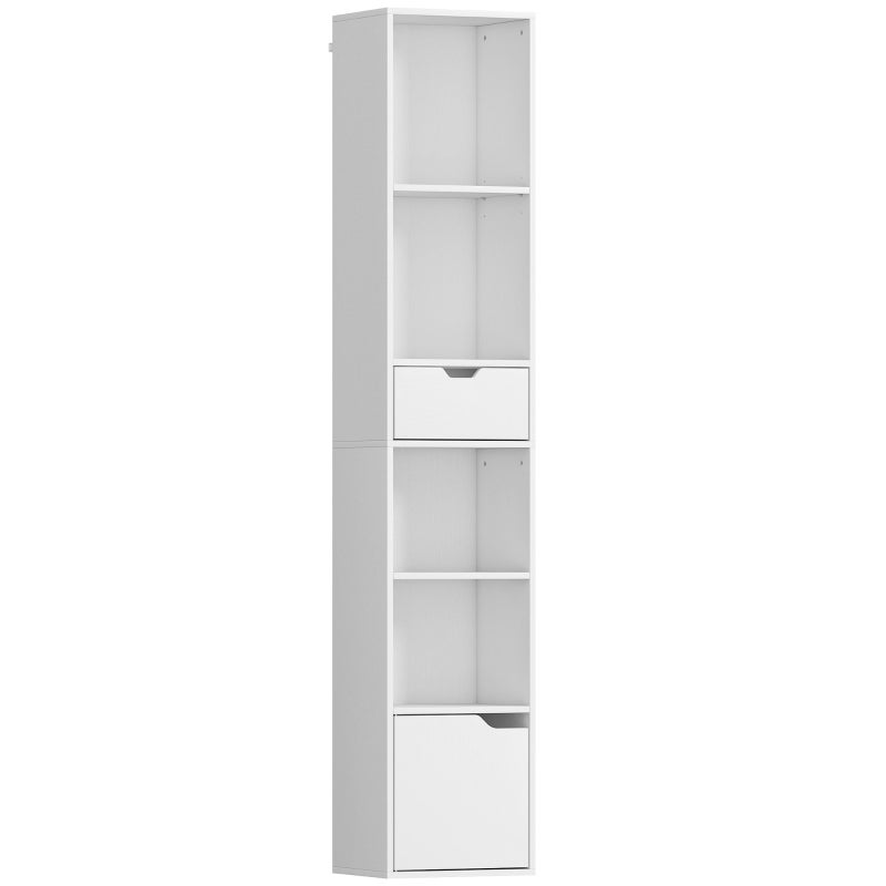 Estantería con 6 baldas, ajustable en 3 niveles, con cajón, puerta de armario, balda personalizable, estante de exposición, color blanco.