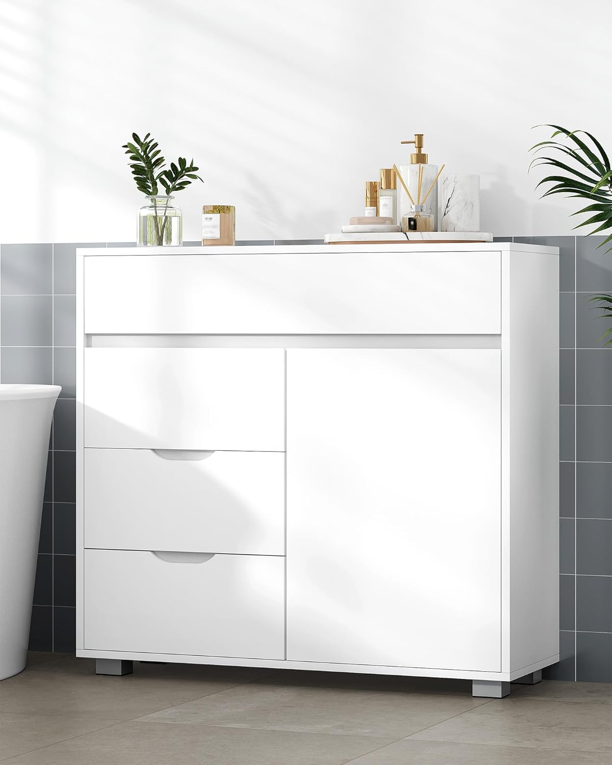 Meuble Salle de Bain, Armoire de Rangement avec Étagère Réglable, Commode avec 4 Tiroirs et 1 Porte, Moderne, pour Salon, Salle de Bain, Blanc - 6
