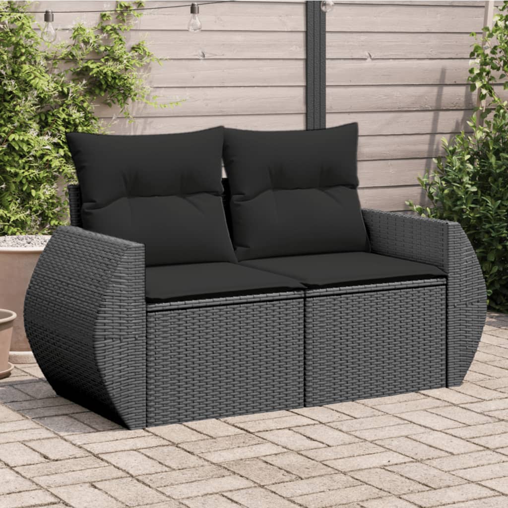 Sofa ogrodowa z poduszkami, 2-osobowa, czarna, z polirattanu vidaXL