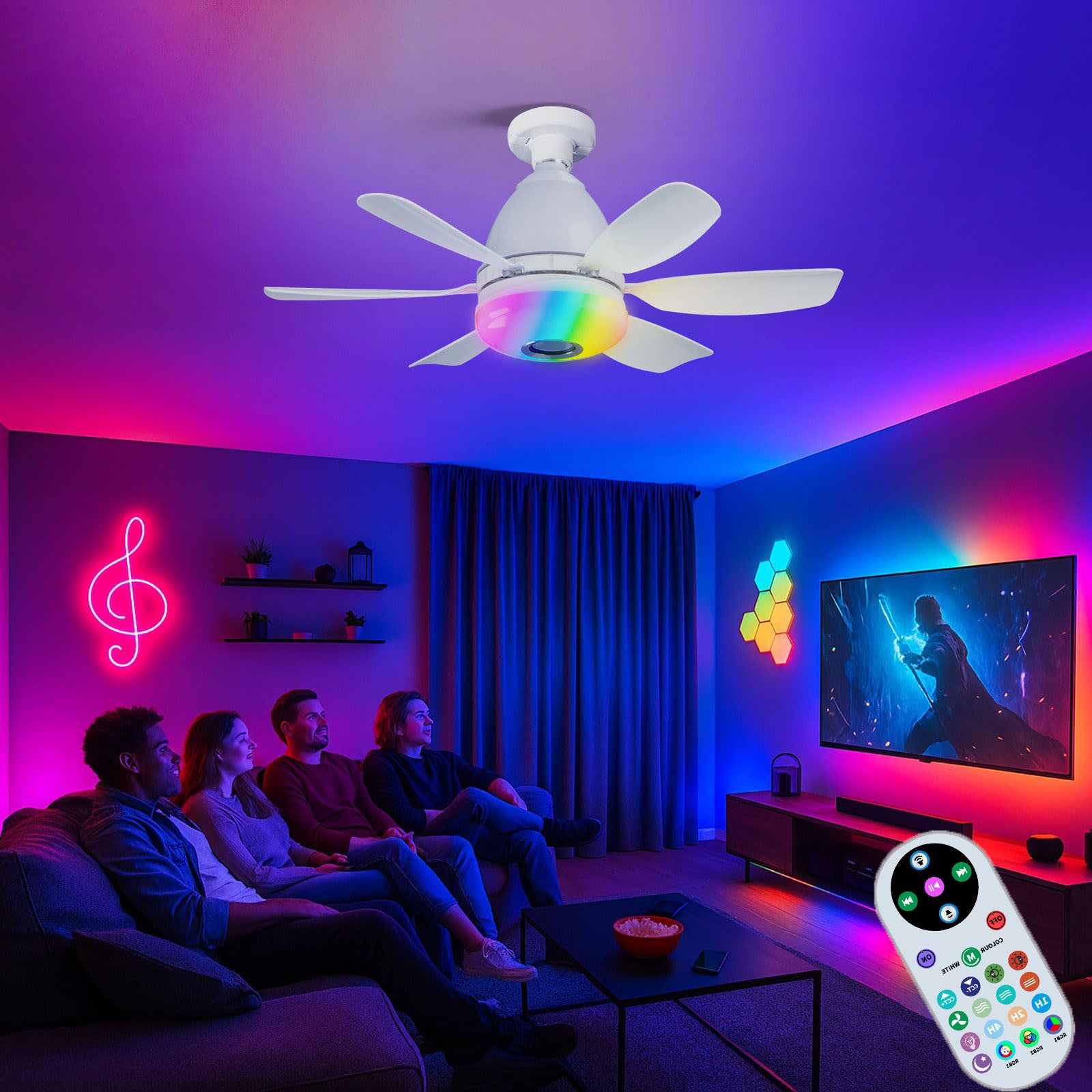 Wentylator sufitowy z pilotem i światłem RGB, trzy prędkości wentylatora, trzy temperatury barwowe, timer, głośnik Bluetooth, biały