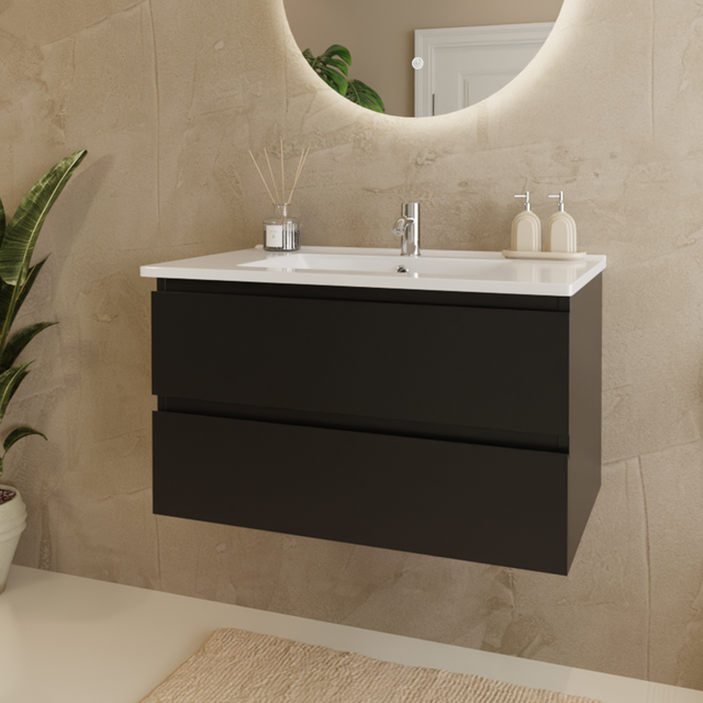 Mobile bagno sospeso 80 cm nero opaco - lavabo bianco - con 2 cassetti - LOMAZOO Marenza