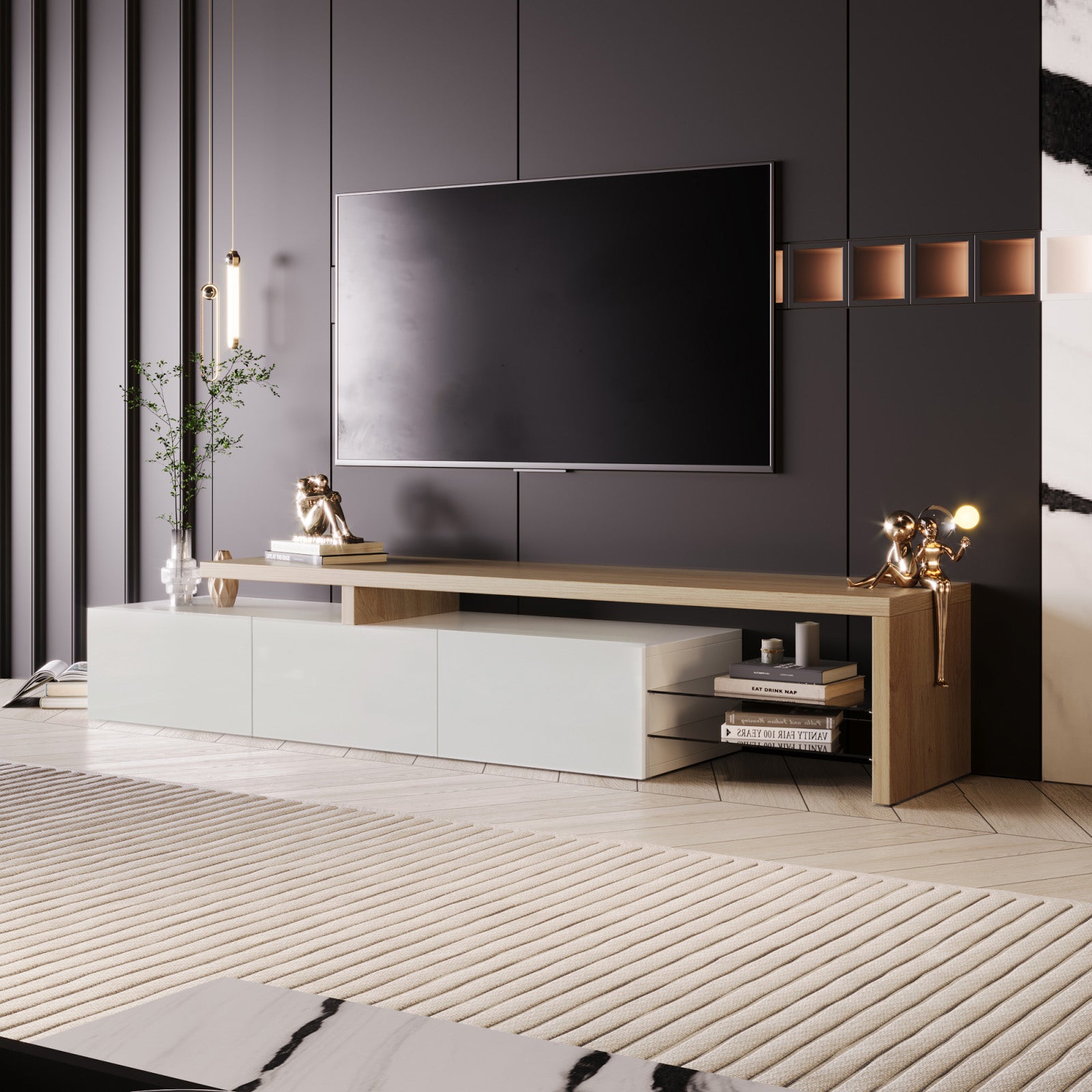 Meuble TV Moderne avec lumières LED Variables, 3 Portes et étagères en Verre – Blanc - 2