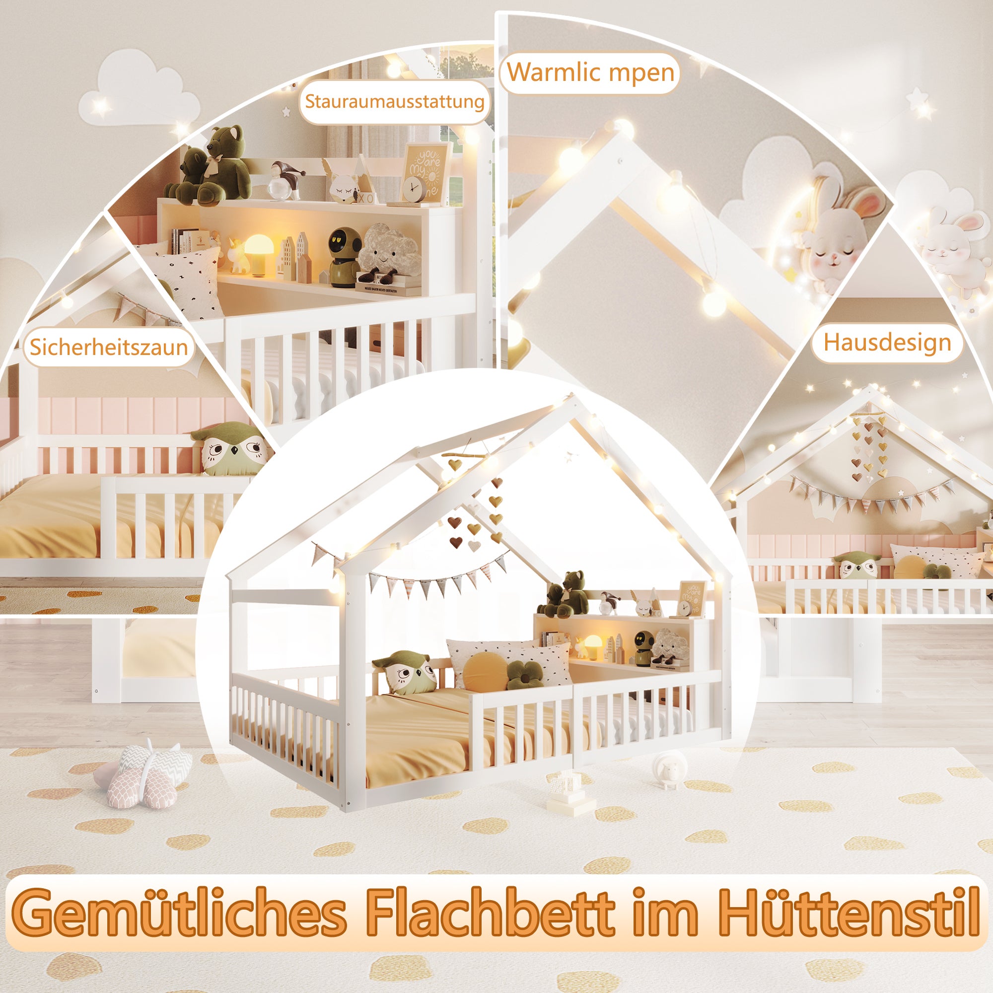 Lit cabane 140 x 190 cm avec barrière et étagères de rangement - Pin + MDF + contreplaqué - Blanc (matelas non inclus) - 6