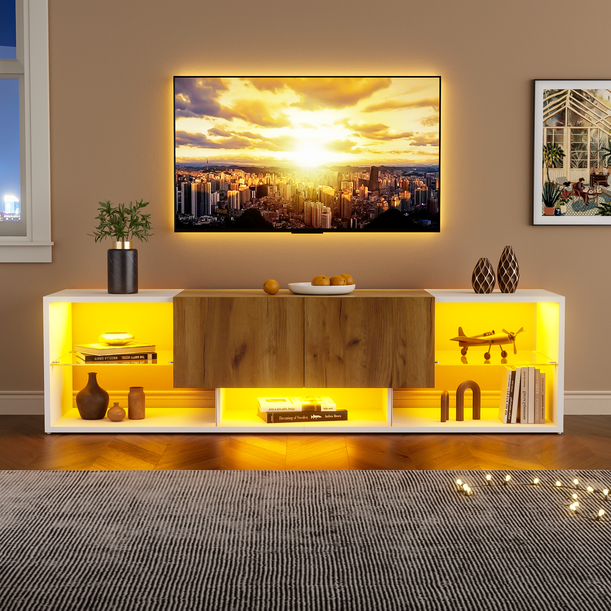 Meuble TV avec 2 tiroirs et 4 compartiments - 160 x 40 x 42 cm - LEDs - Panneau de particules et étagères en verre - Chêne + blanc Antique - 6