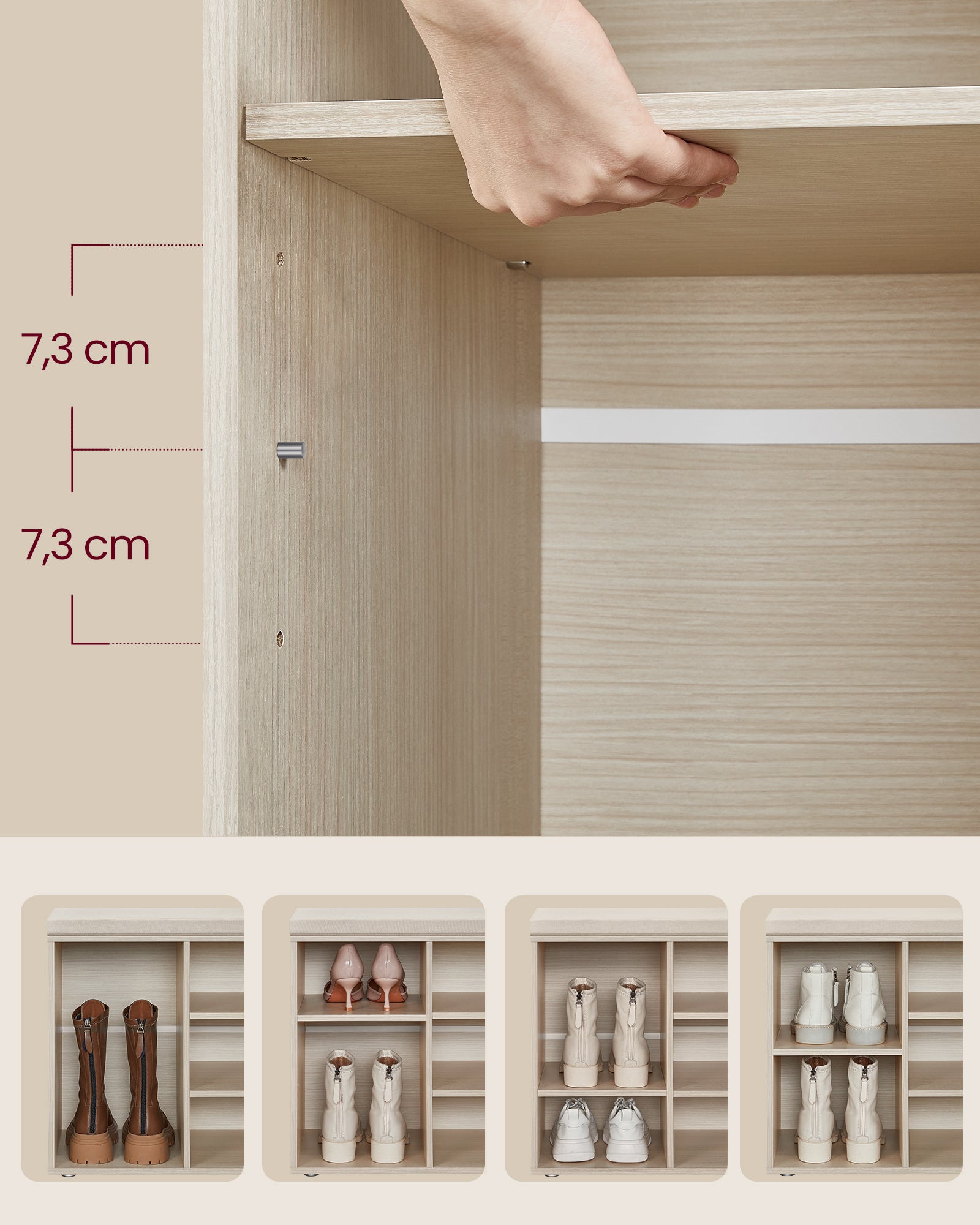 Banc à Chaussures, Assise Rembourrée et 12 Compartiments, Étagère Porte-chaussures, Capacité de Charge 136 kg, Beige Naturel - 4
