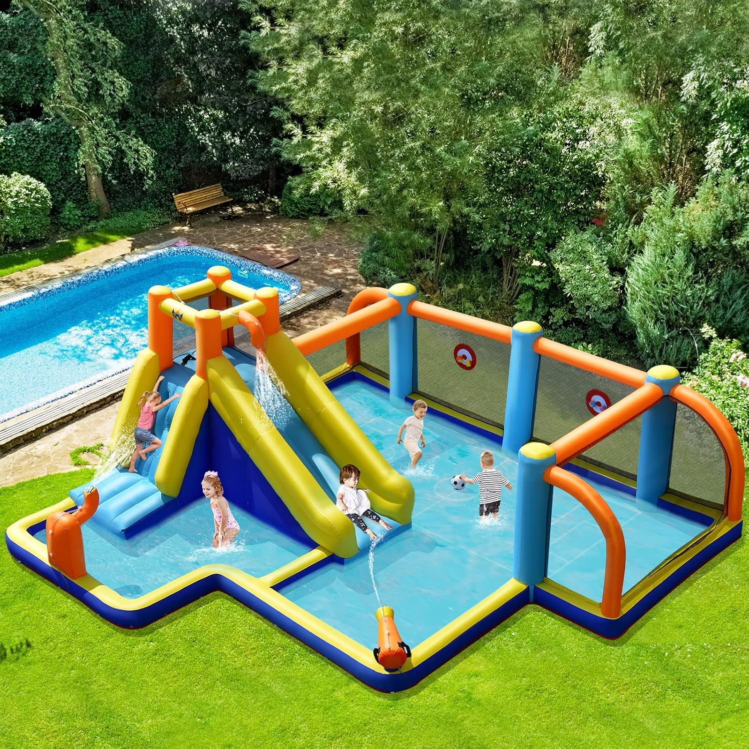 Castelo Inflável com Soprador 680W, Escorrega Aquático, Parede de Escalada, Piscina, Campo de Futebol Jogo de Dardos para Crianças 3-12 Anos - 2
