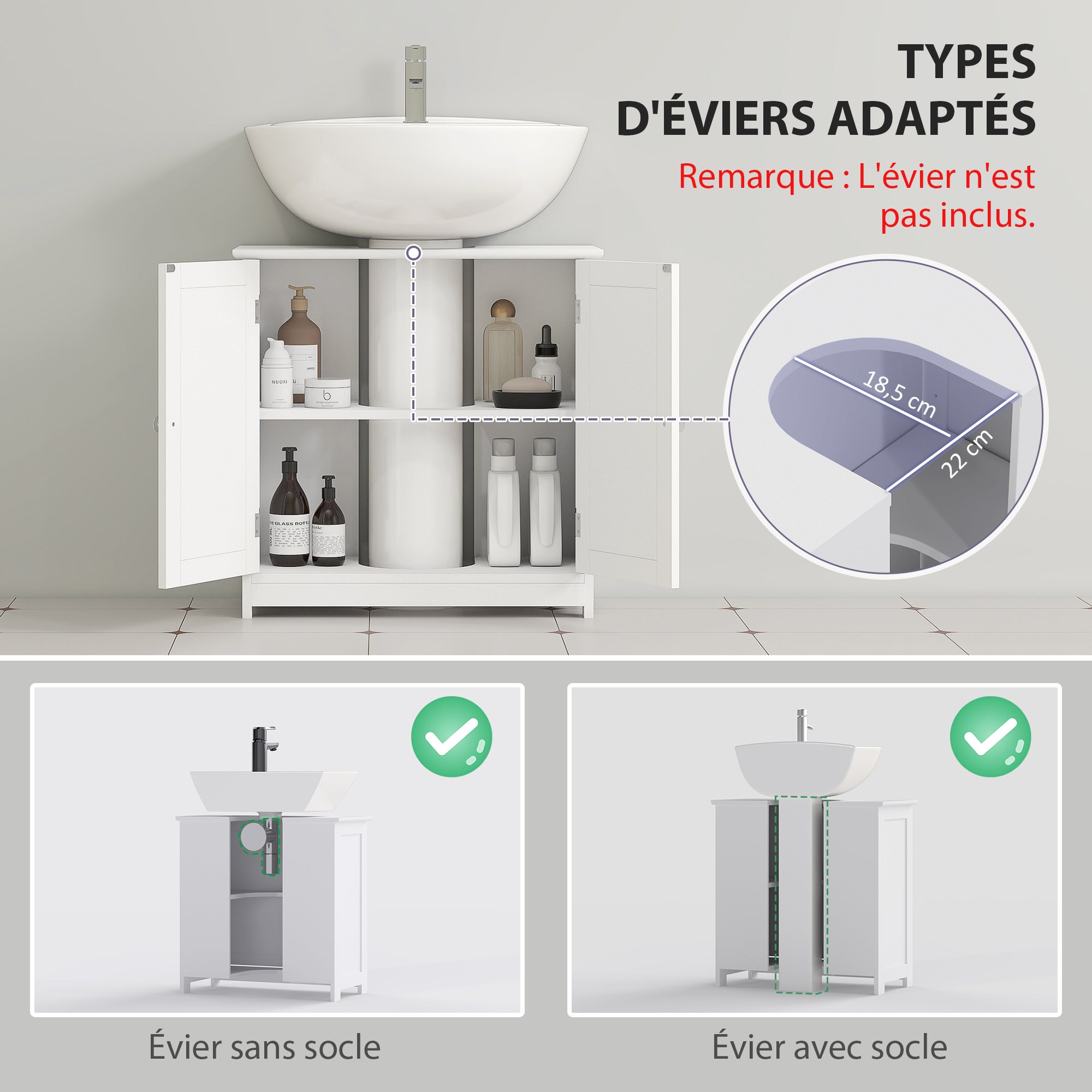 Meuble salle de bain sous lavabo - meuble sous-vasque - placard 2 portes avec étagère - dim. 60L x 30l x 60H cm - en bois blanc - 6