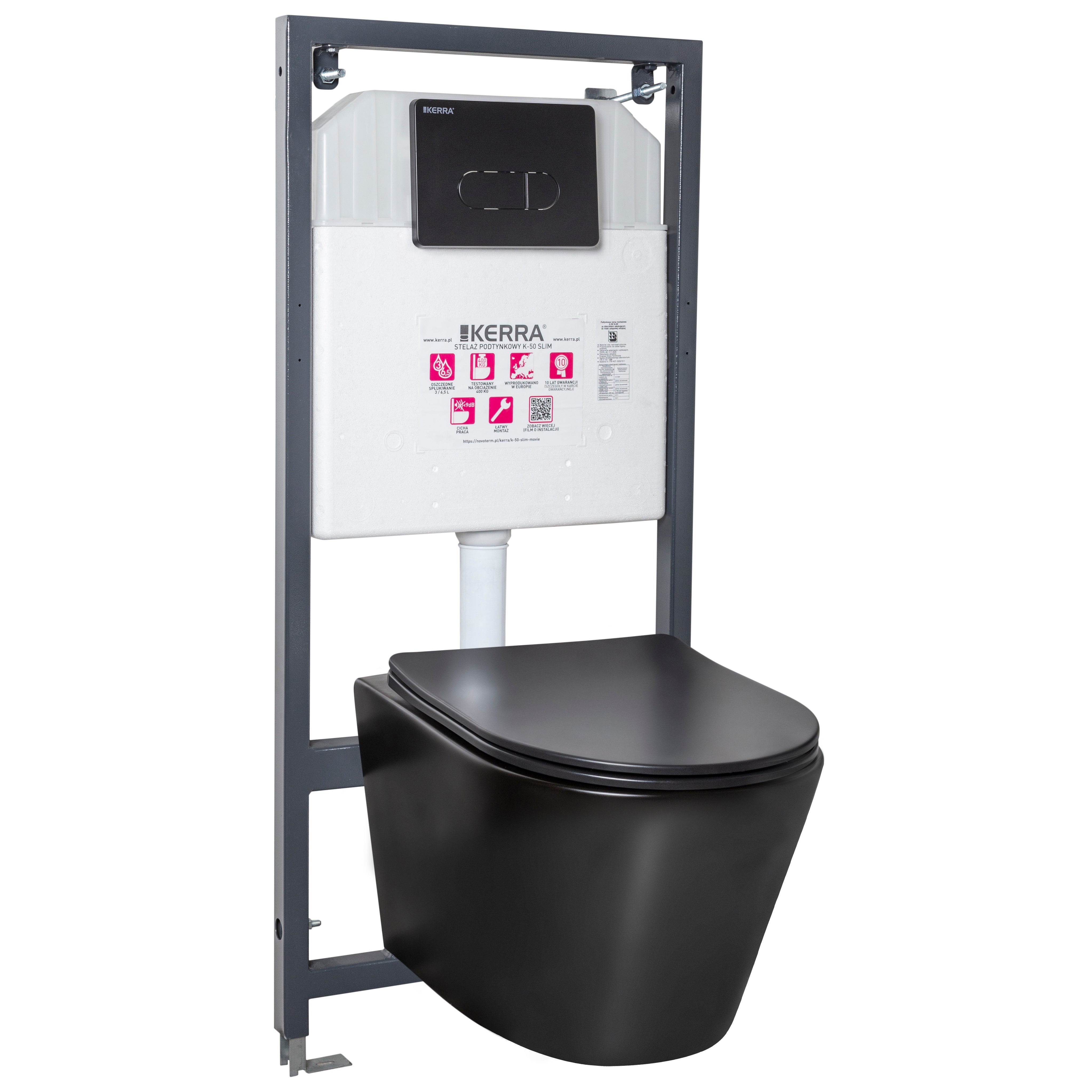 Zestaw podtynkowy WC z miską bezkołnierzową Milos czarną i przyciskiem Pacific czarnym, Kerra