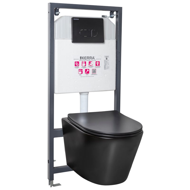 Zestaw podtynkowy WC z miską bezkołnierzową Milos czarną i przyciskiem Pacific czarnym, Kerra