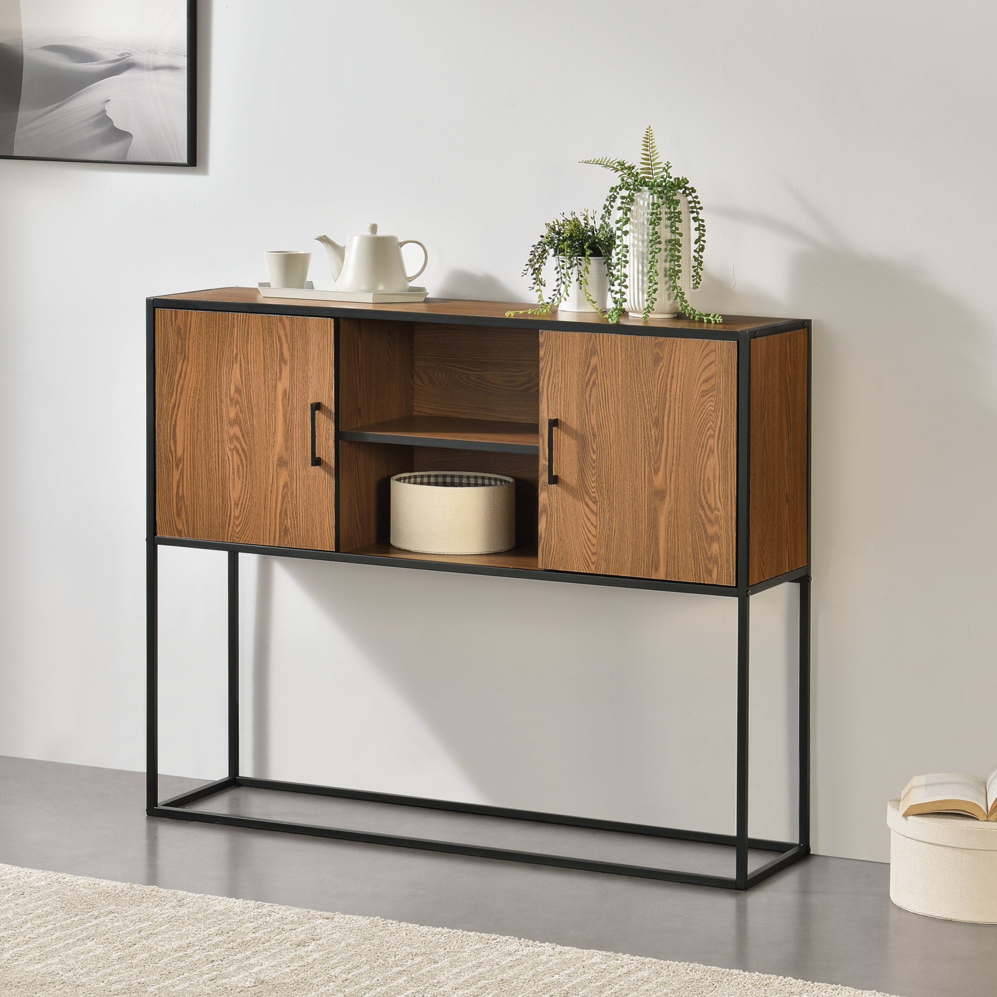 Credenza con 3 ante decorata in rattan, noce, 129,8x 40x 76 cm | Leroy