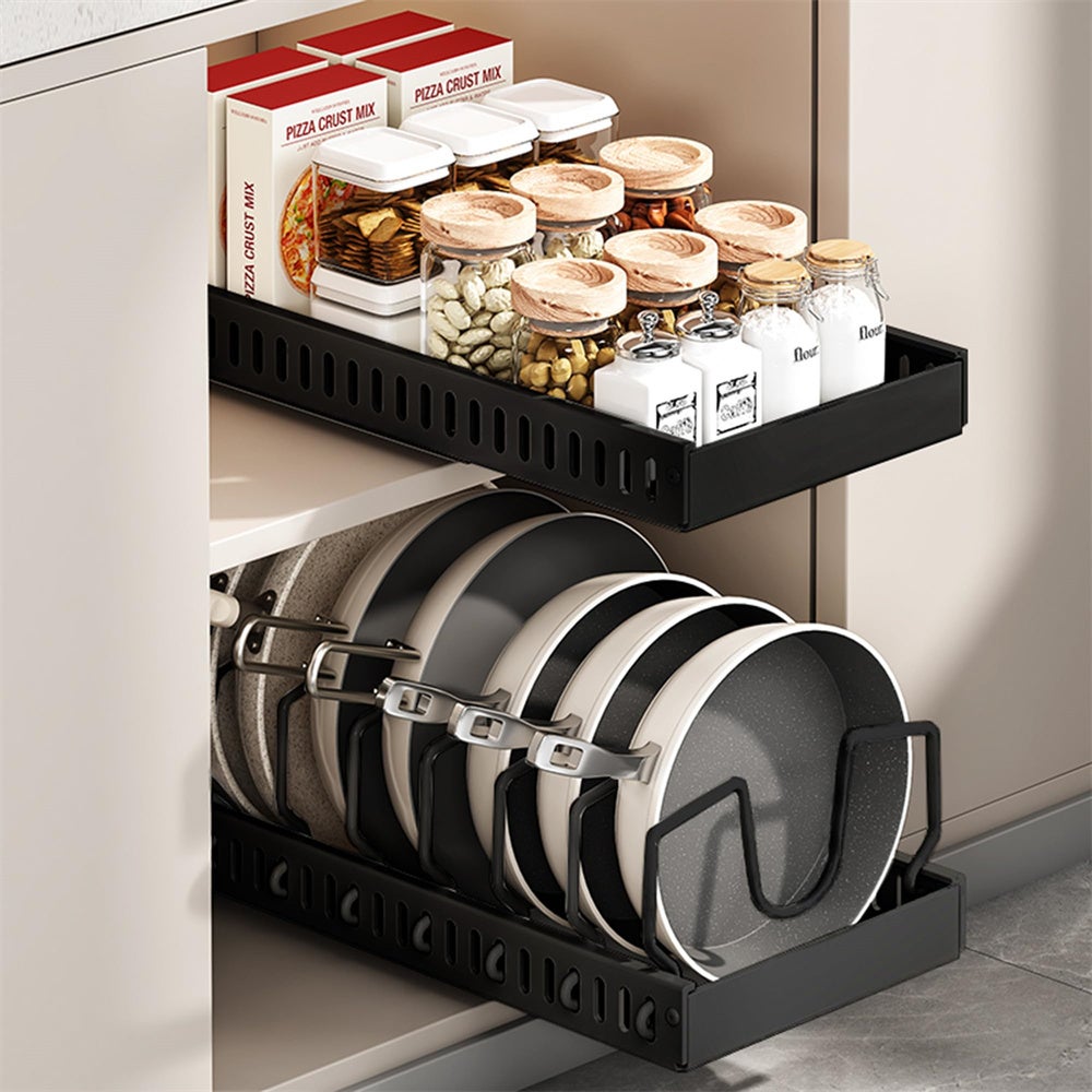 Organizer Per Pentole E Padelle In Acciaio Al Carbonio – 4 Ripiani Regolabili, Fino A 10,4kg Per Livello, Sottopensile, Nero